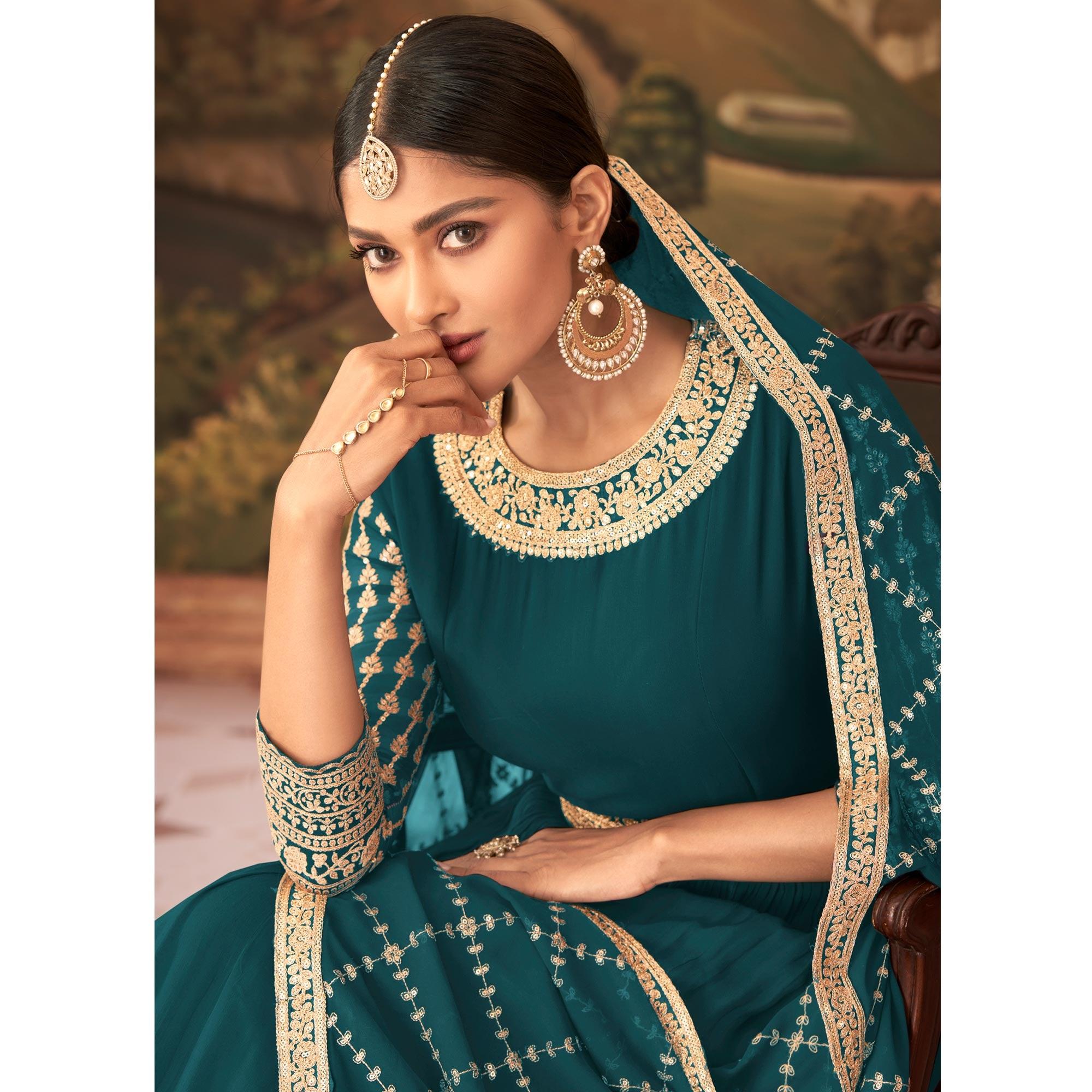 Turquoise Sequence Embroidered Georgette Gown - Peachmode