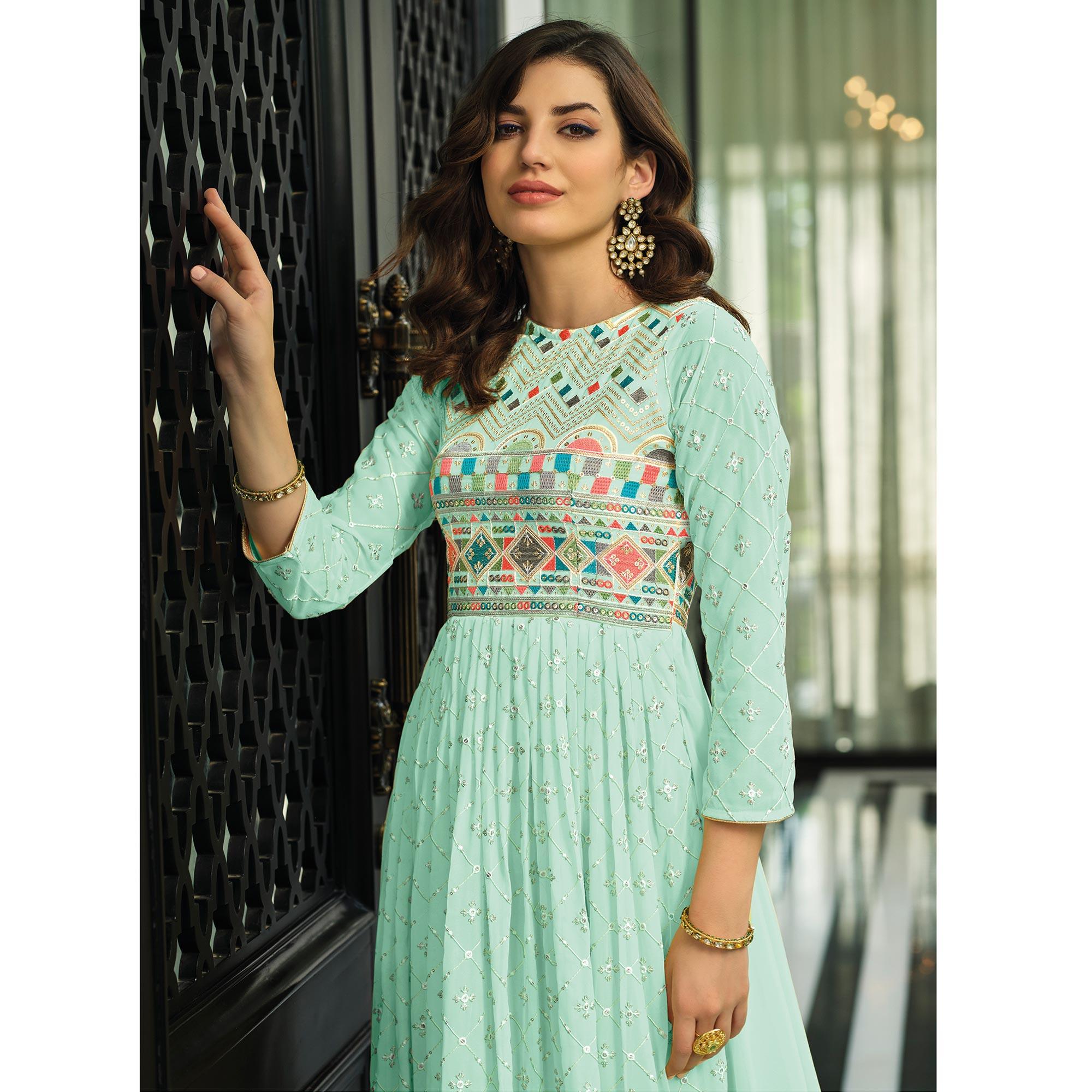 Turquoise Sequence Embroidered Georgette Gown - Peachmode