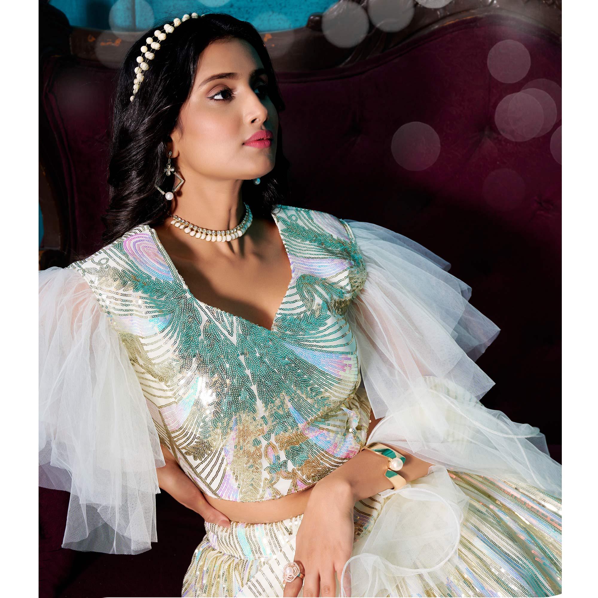 Turquoise Sequence Embroidered With Stonework Art Silk Lehenga Choli - Peachmode