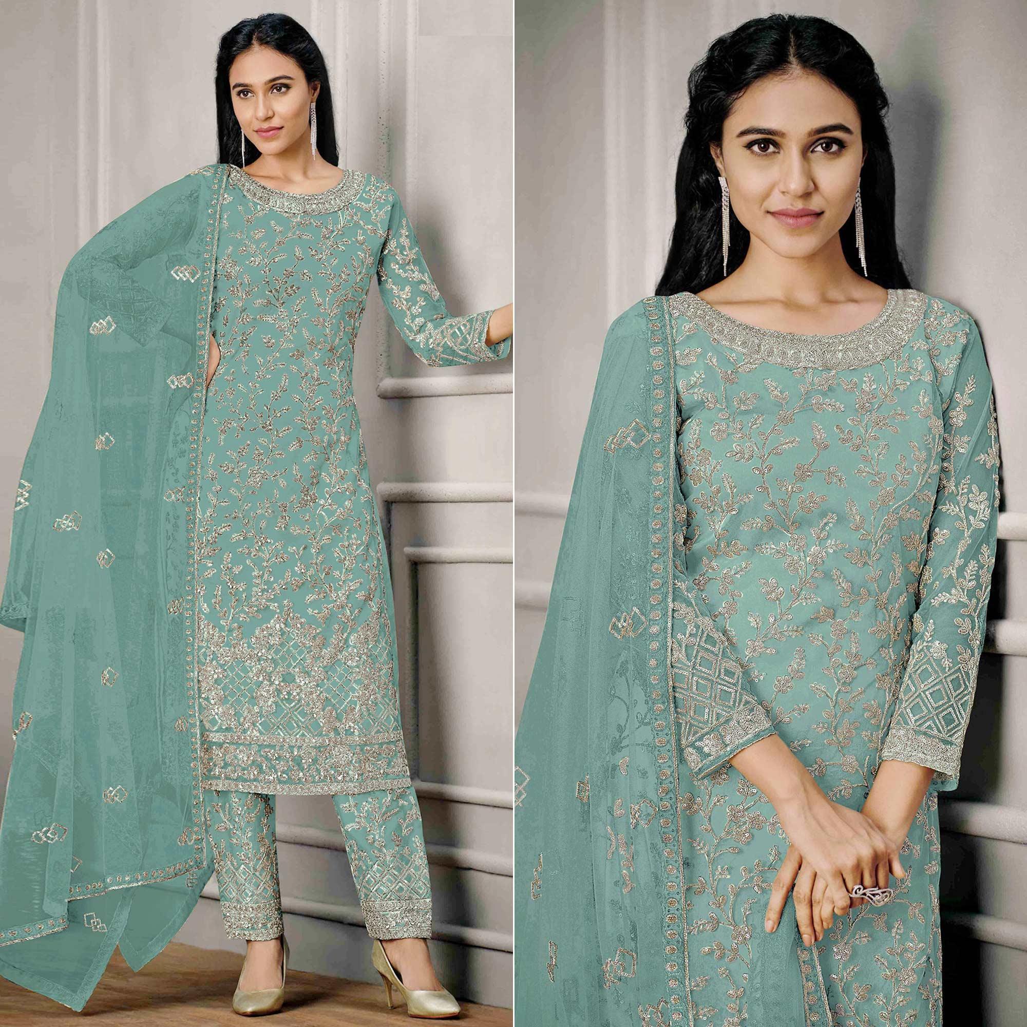 Turquoise Sequence Floral Embroidered Net Salwar Suit - Peachmode