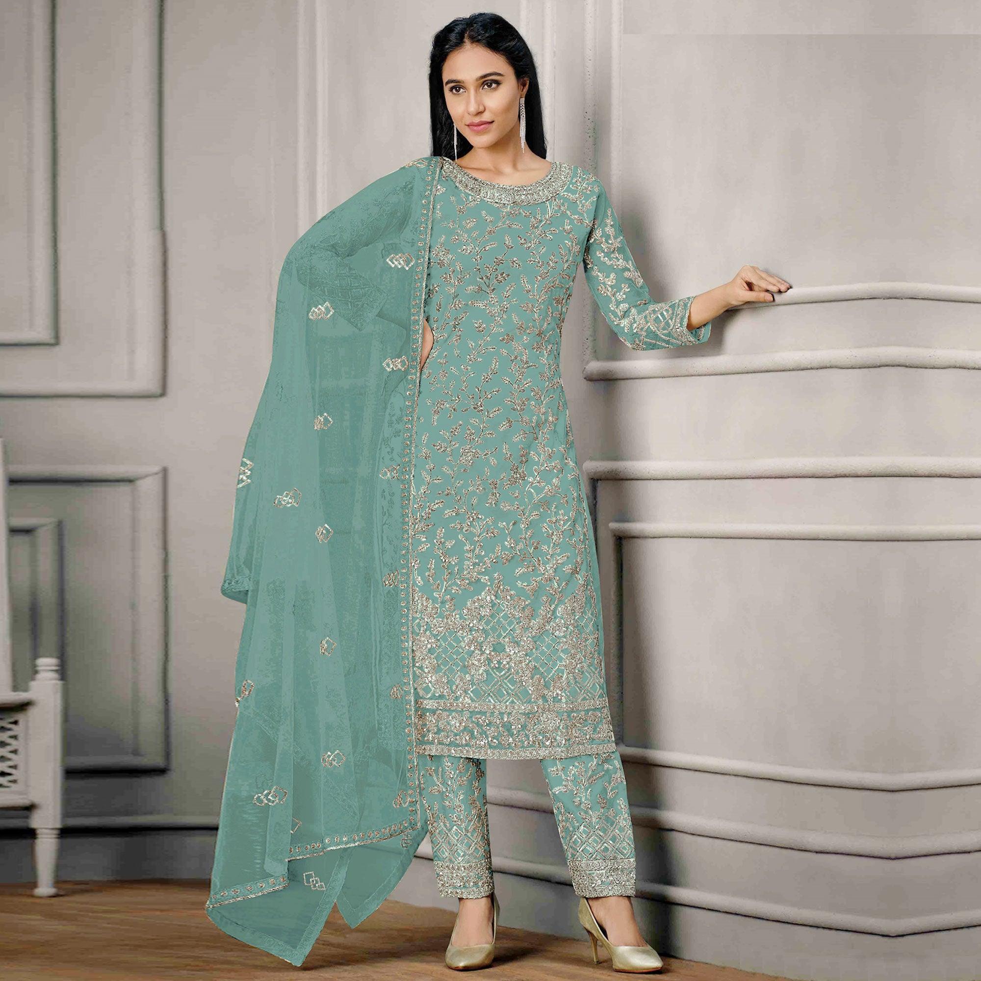 Turquoise Sequence Floral Embroidered Net Salwar Suit - Peachmode