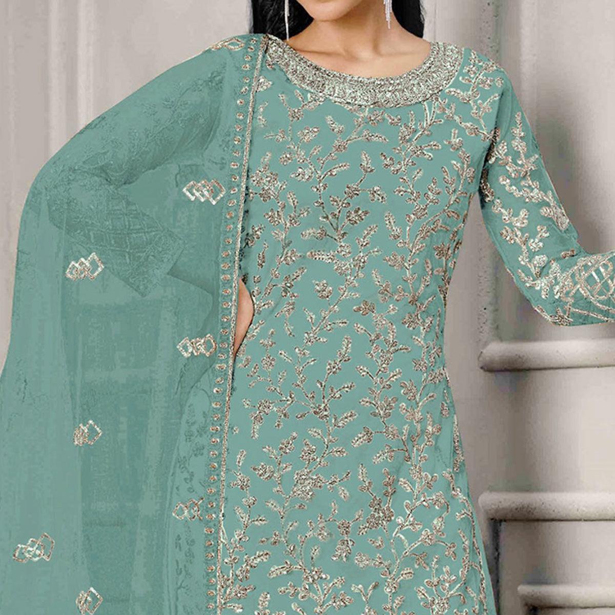 Turquoise Sequence Floral Embroidered Net Salwar Suit - Peachmode