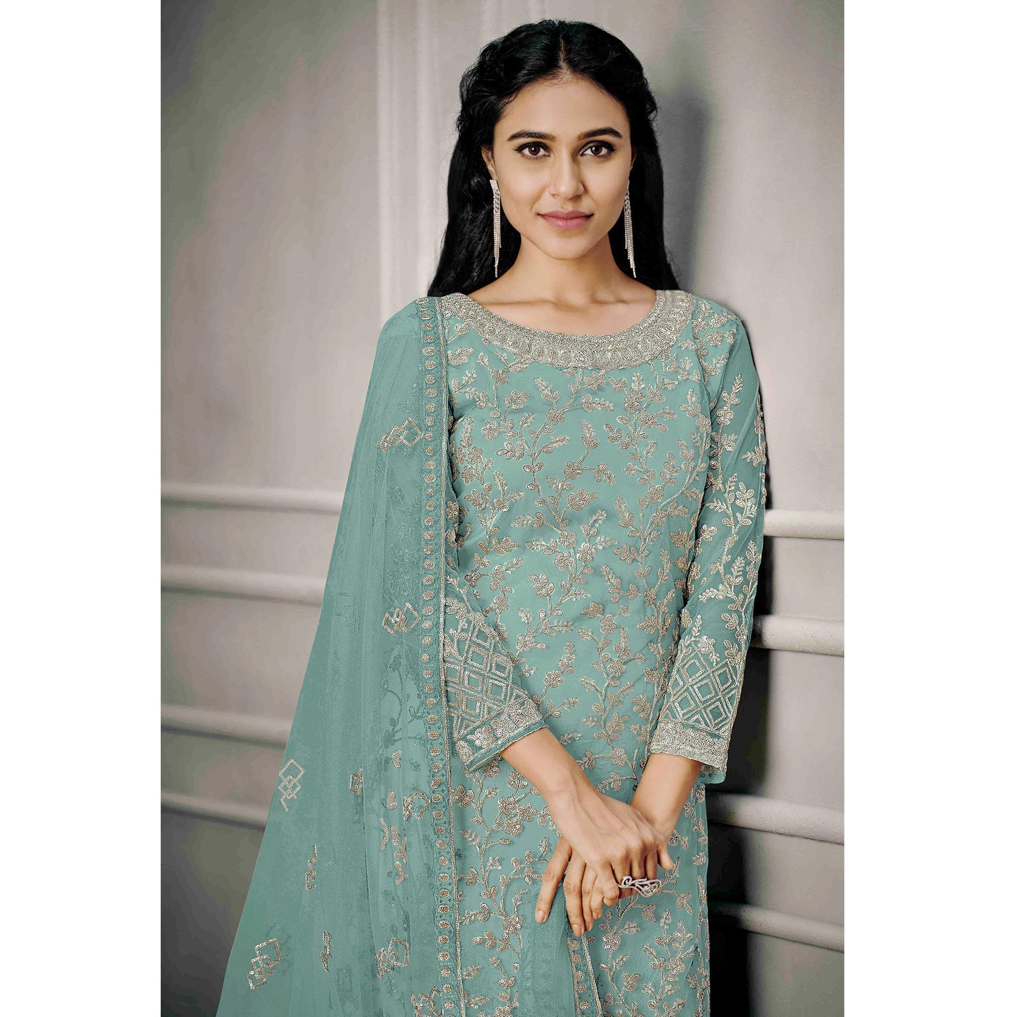Turquoise Sequence Floral Embroidered Net Salwar Suit - Peachmode
