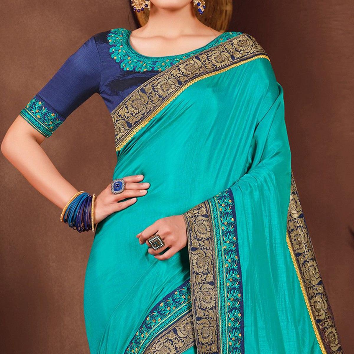 Turquoise Solid Art Silk Saree - Peachmode