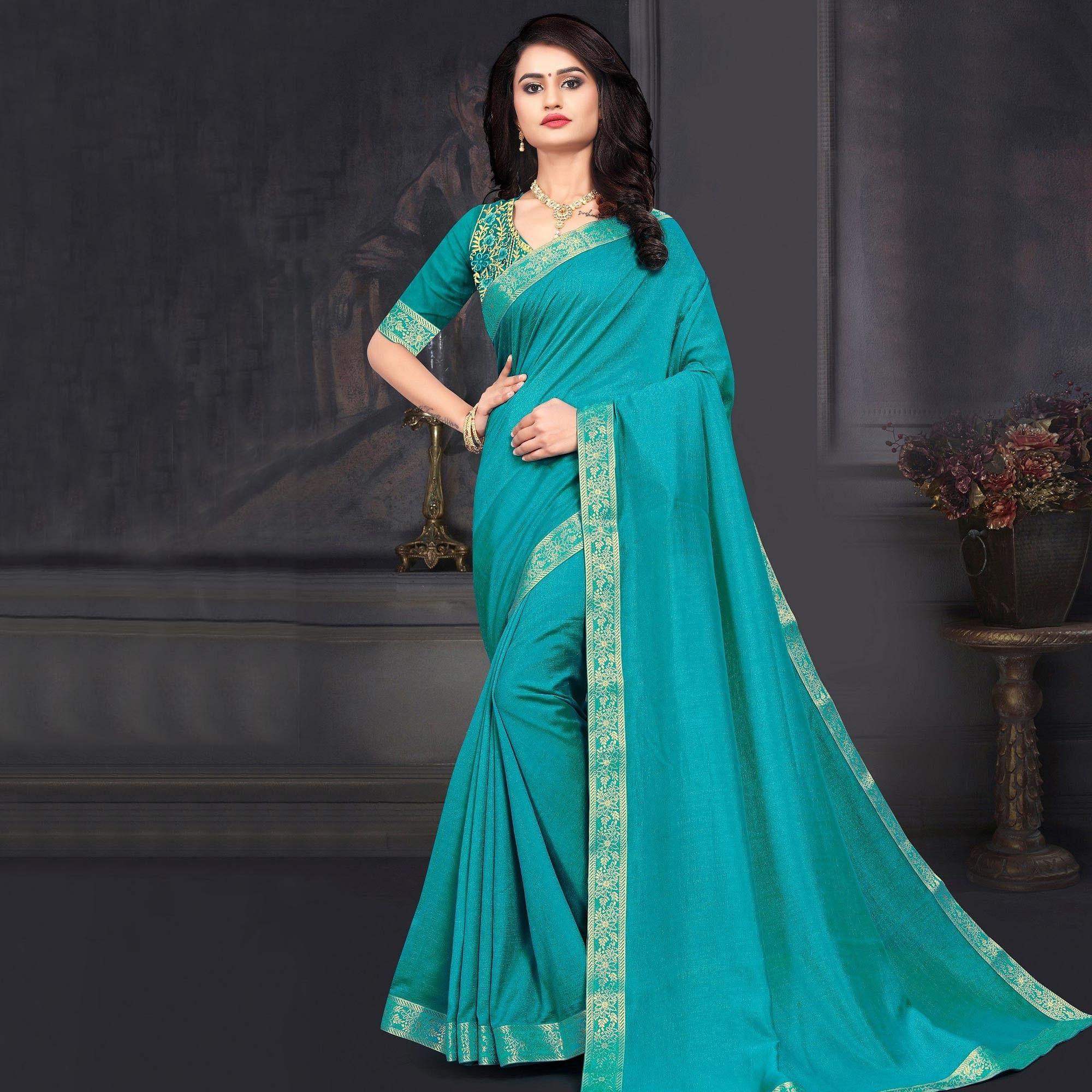 Turquoise Solid Vichitra Silk Saree - Peachmode