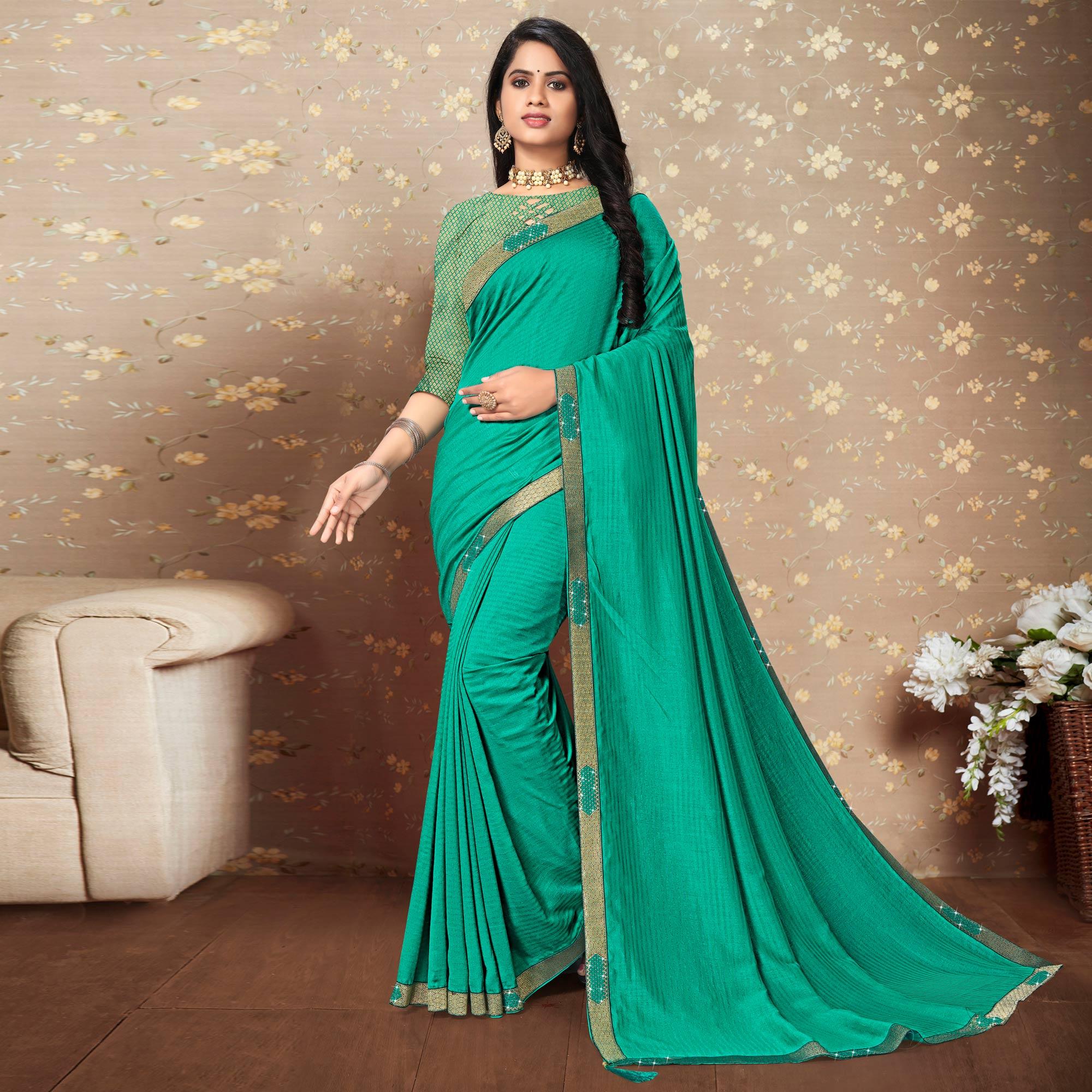 Turquoise Solid Vichitra Silk Saree - Peachmode