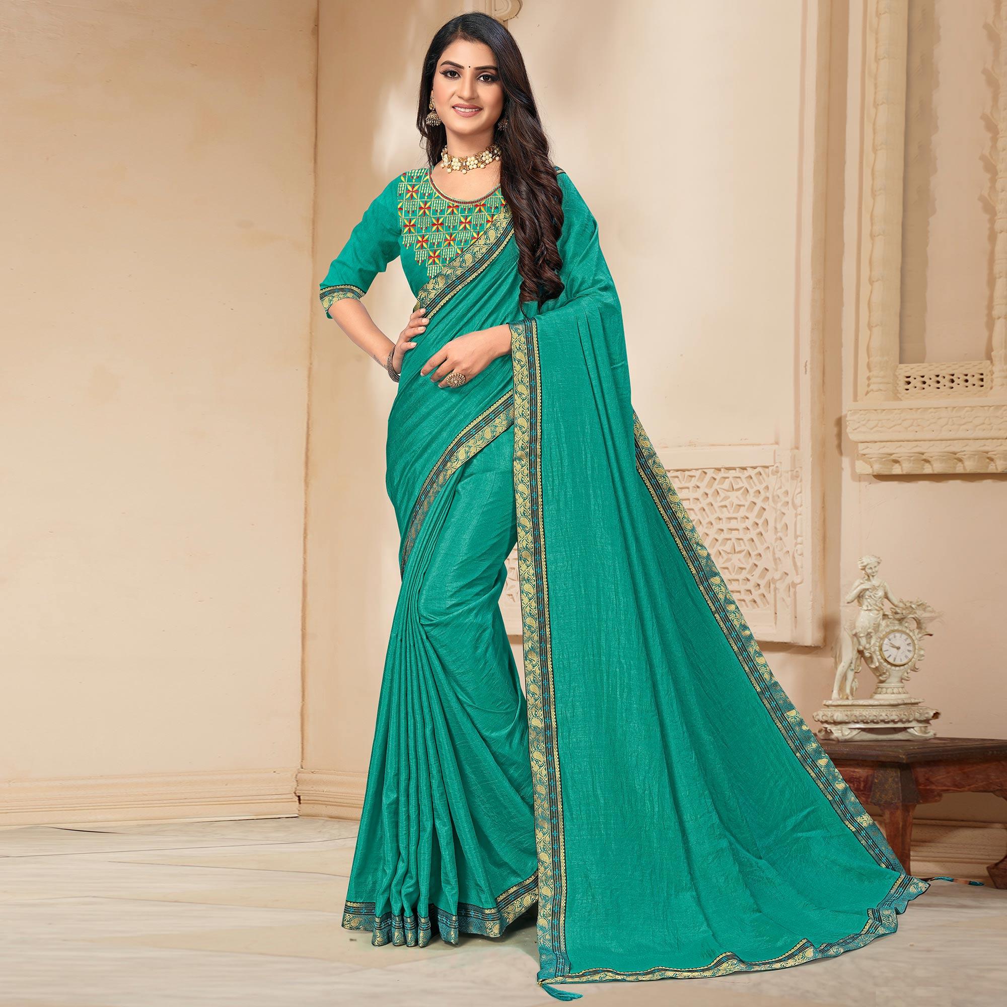 Turquoise Solid Vichitra Silk Saree - Peachmode