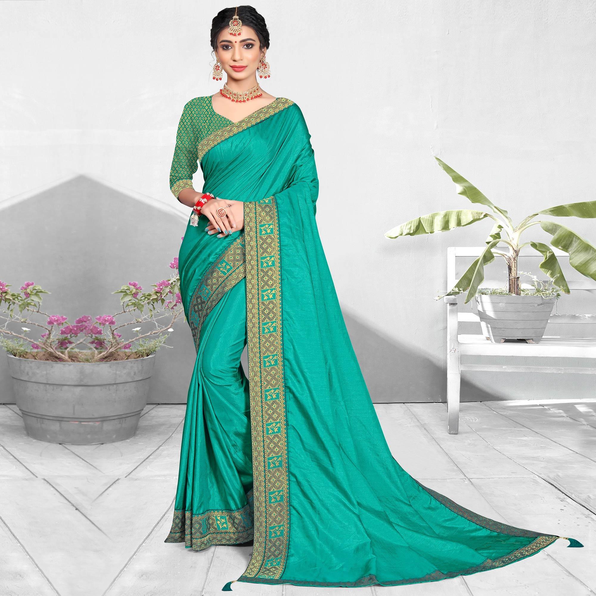 Turquoise Solid Vichitra Silk Saree - Peachmode