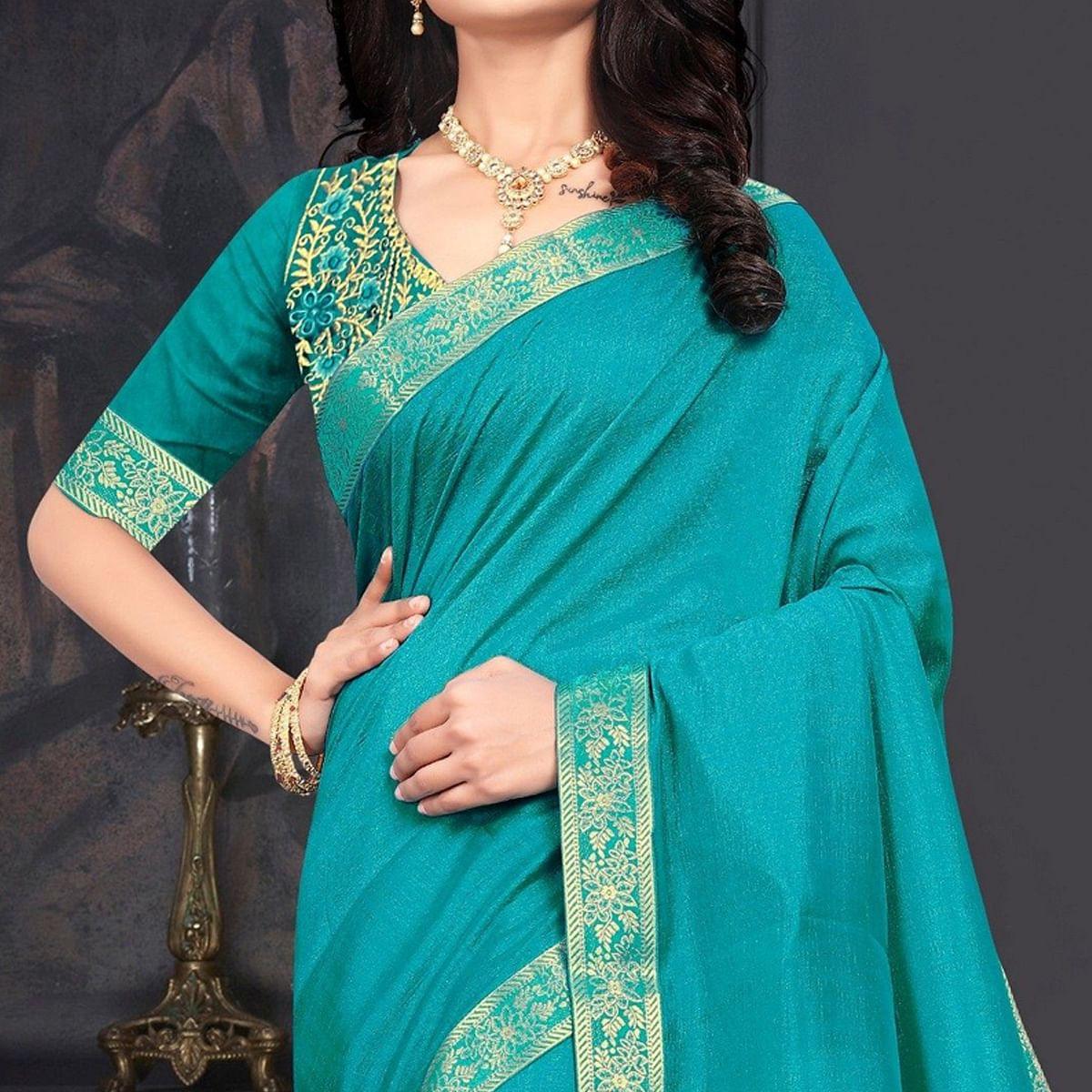 Turquoise Solid Vichitra Silk Saree - Peachmode