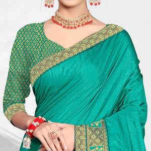 Turquoise Solid Vichitra Silk Saree - Peachmode