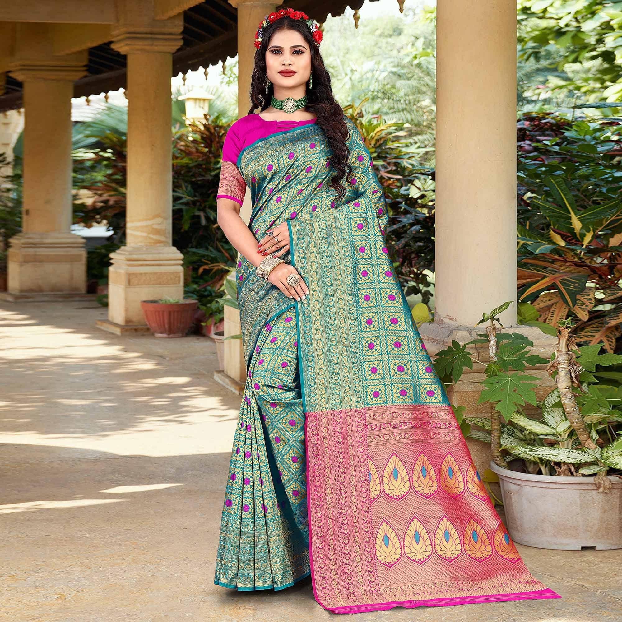 Turquoise Woven Art Silk Saree - Peachmode