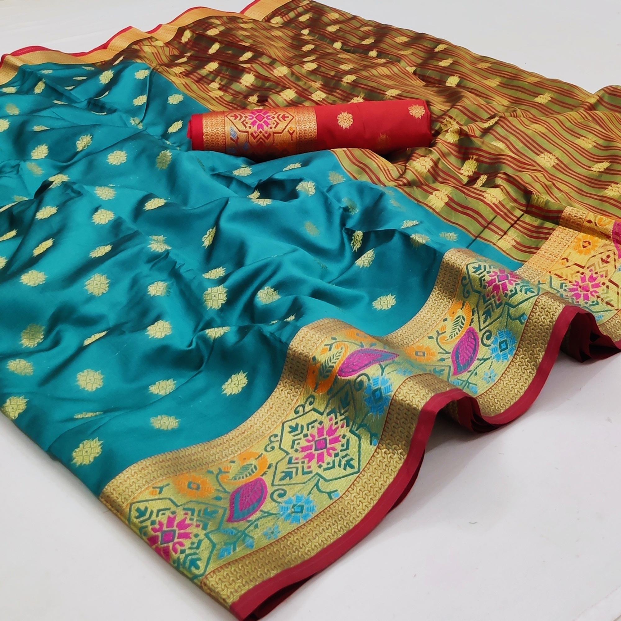 Turquoise Woven Art Silk Saree - Peachmode