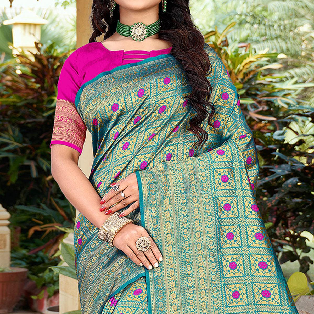 Turquoise Woven Art Silk Saree - Peachmode