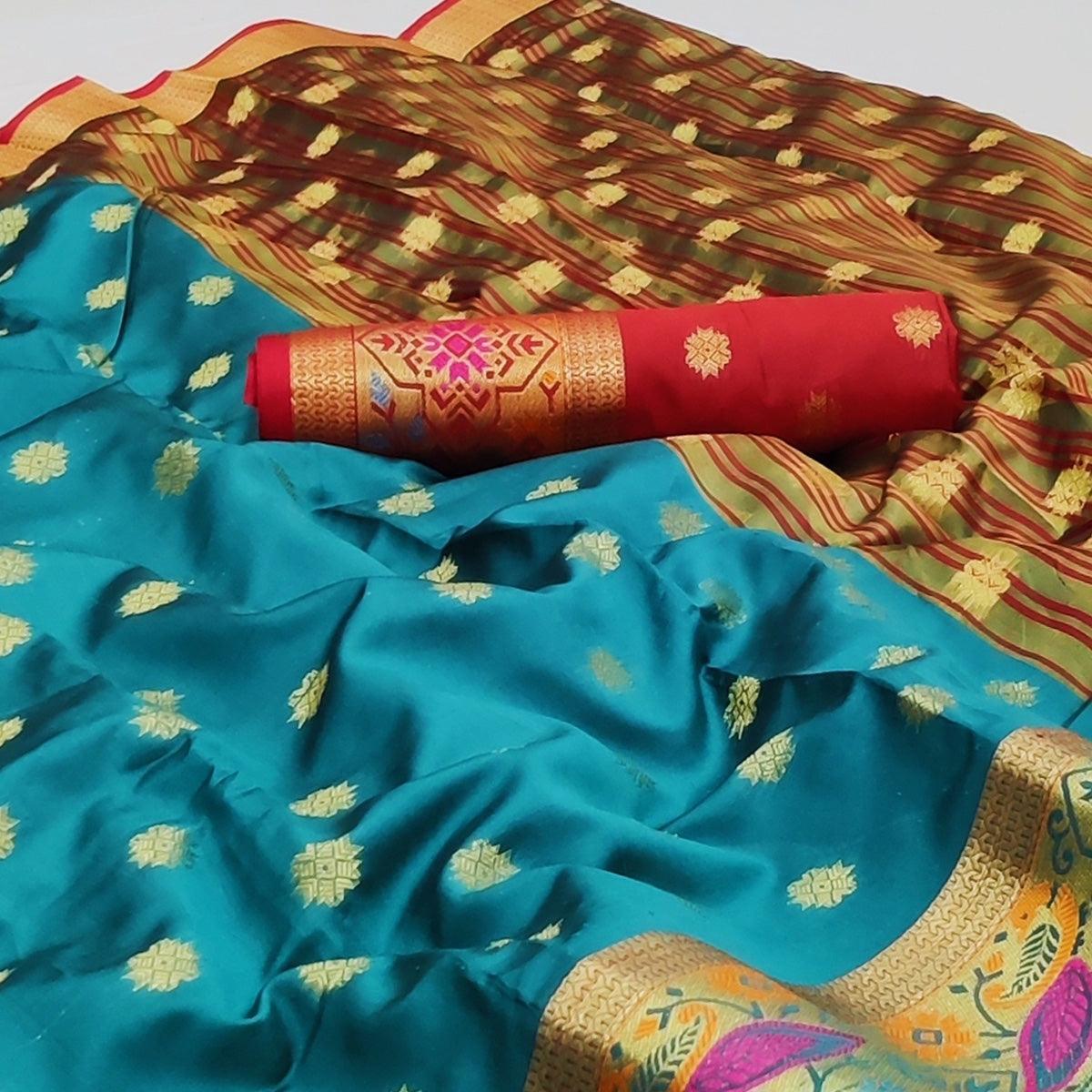 Turquoise Woven Art Silk Saree - Peachmode