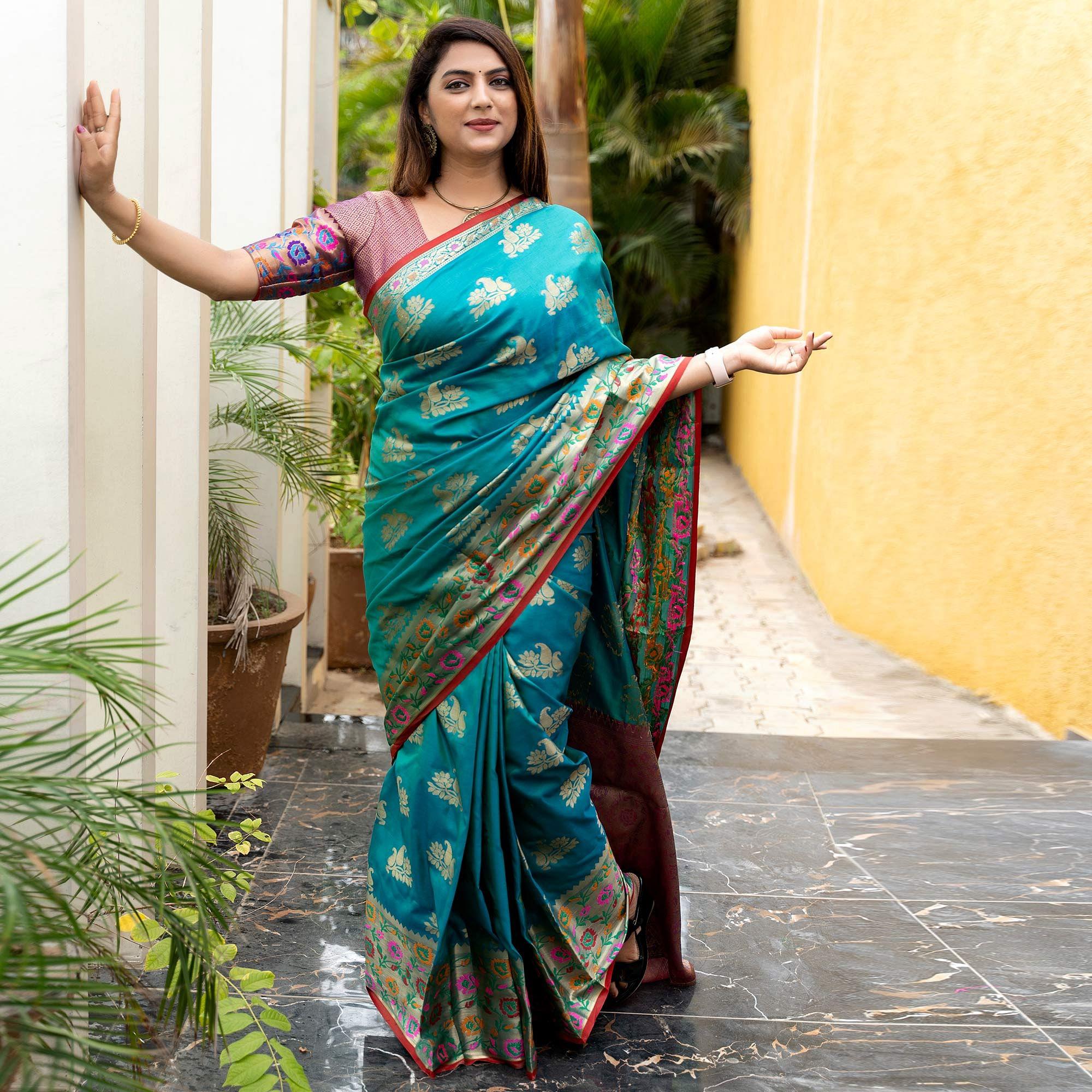 Turquoise Woven Art Silk Saree - Peachmode