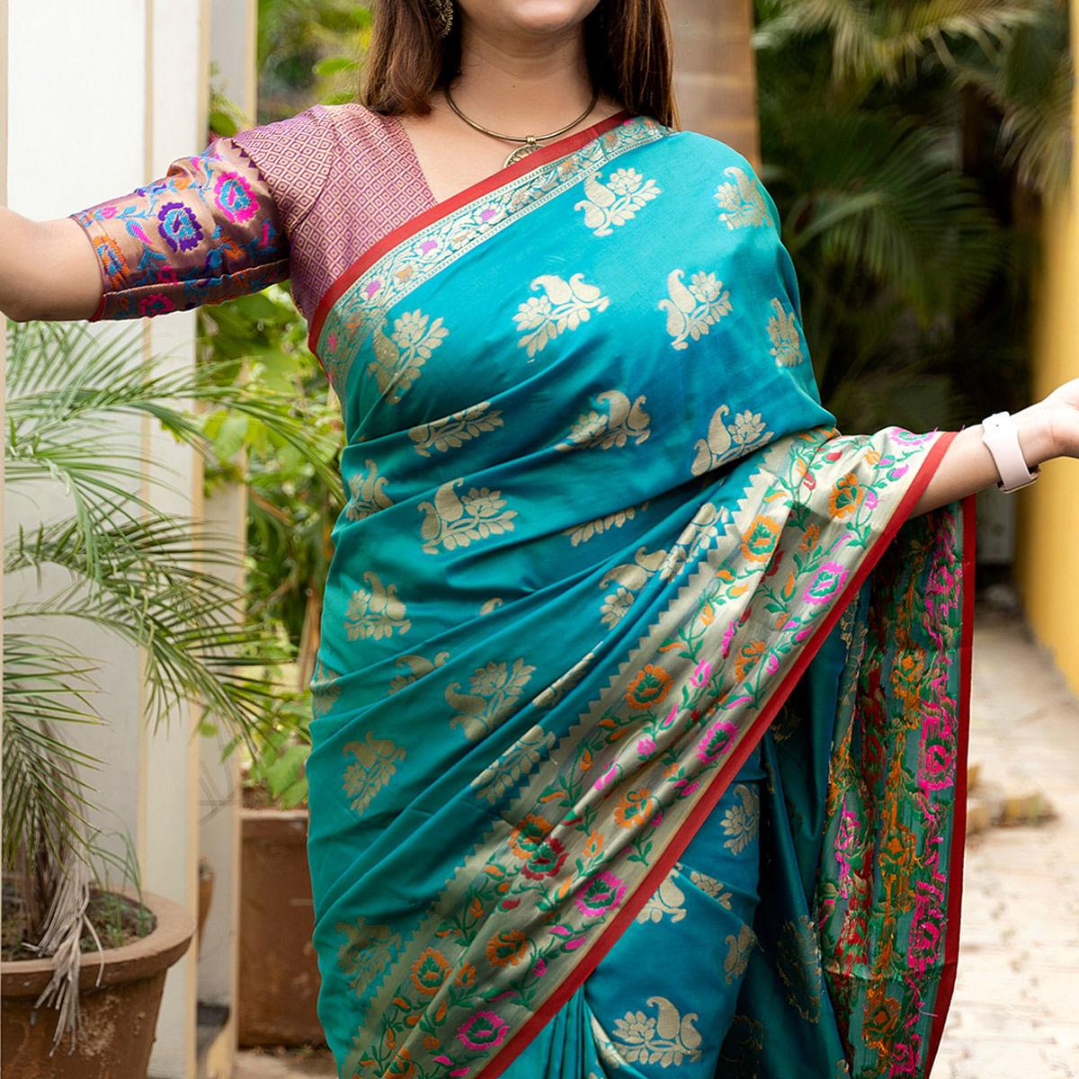 Turquoise Woven Art Silk Saree - Peachmode