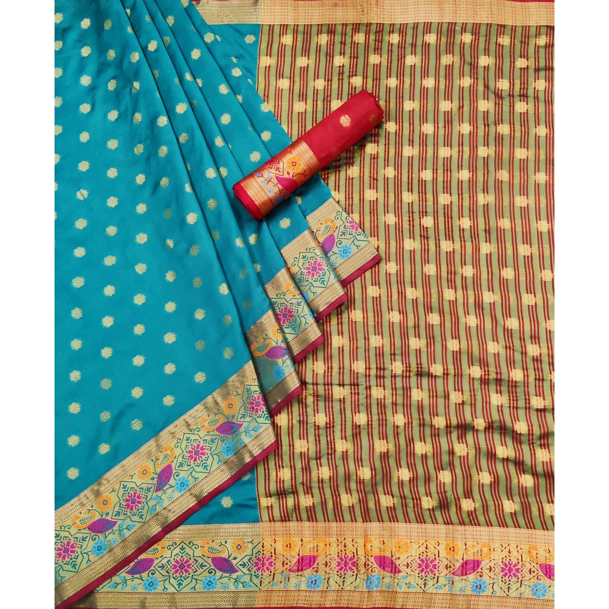 Turquoise Woven Art Silk Saree - Peachmode