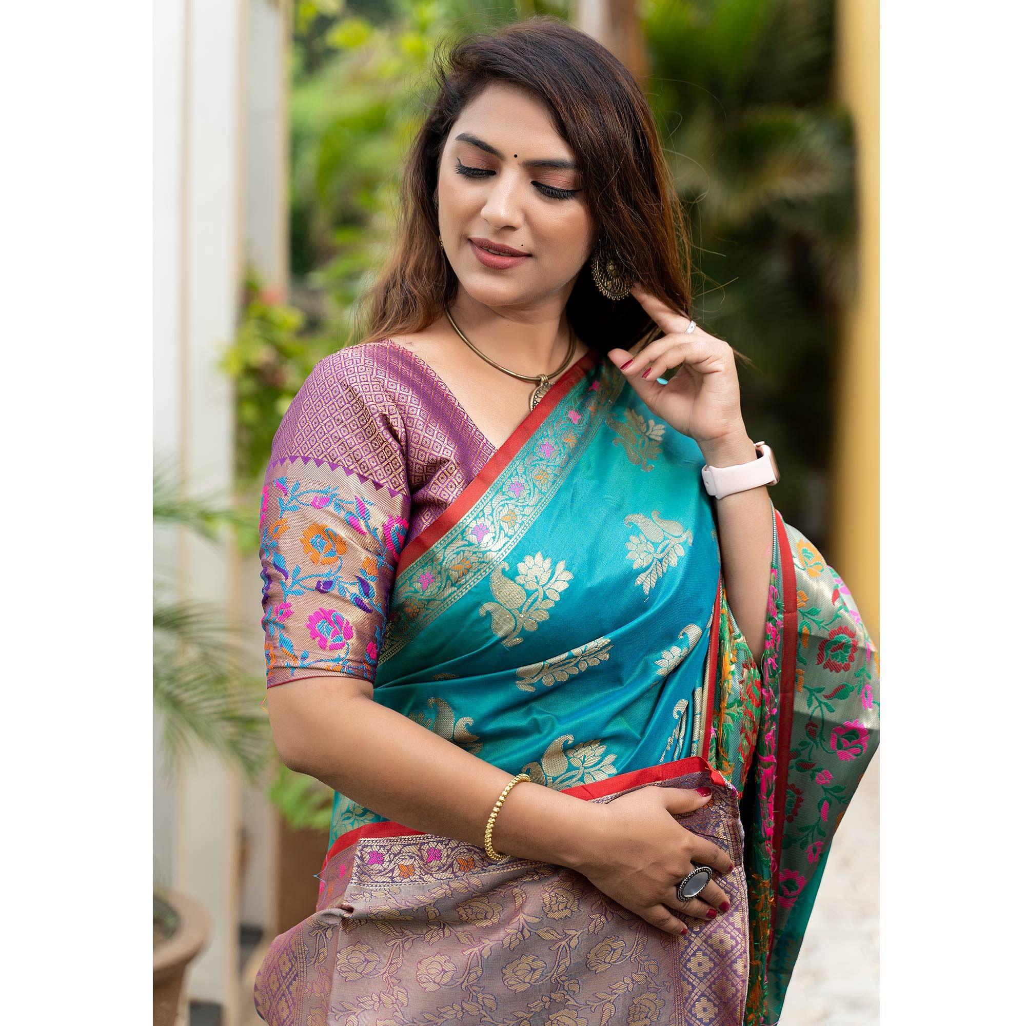 Turquoise Woven Art Silk Saree - Peachmode