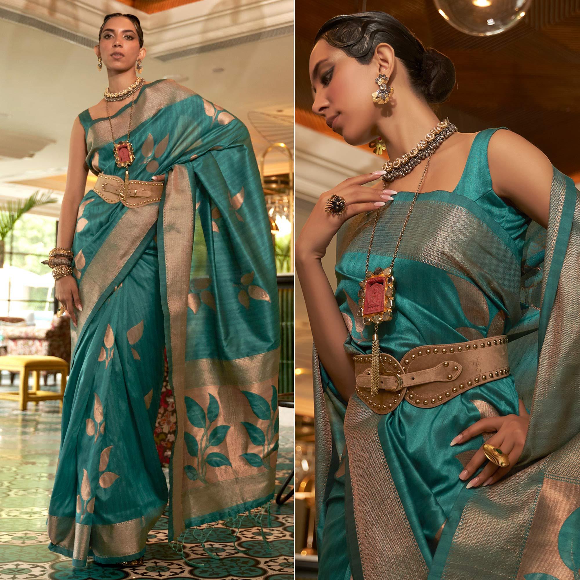 Turquoise Woven Art Silk Saree With Tassels - Peachmode