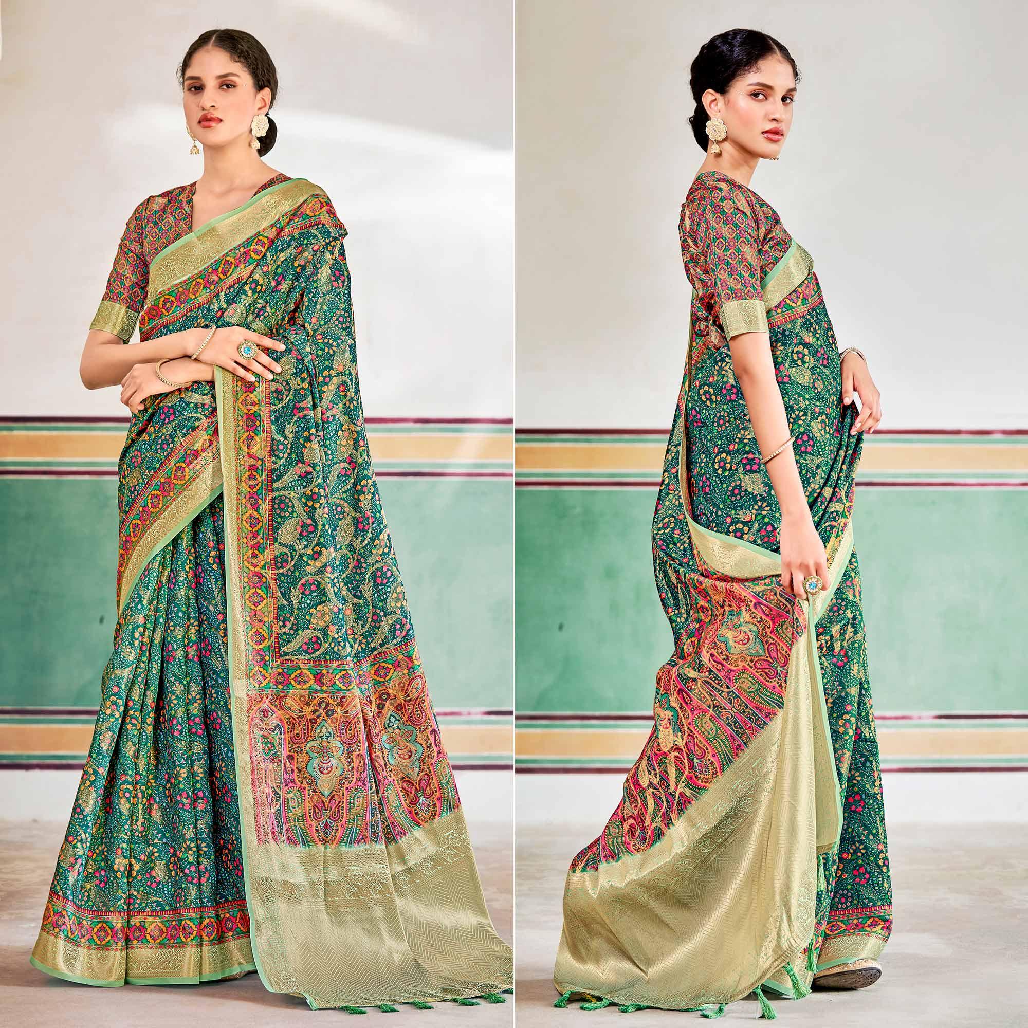 Turquoise Woven Art Silk Saree With Tassels - Peachmode