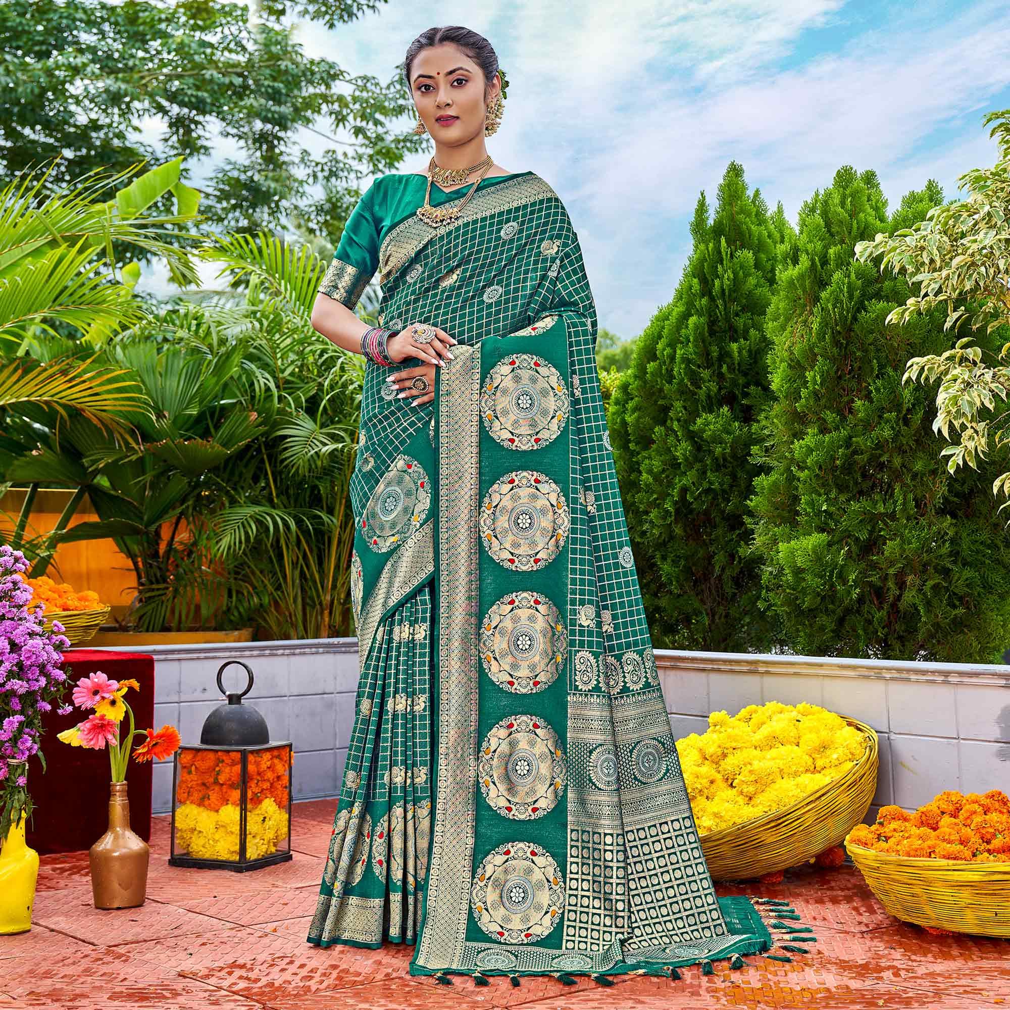 Turquoise Woven Art Silk Saree With Tassels - Peachmode