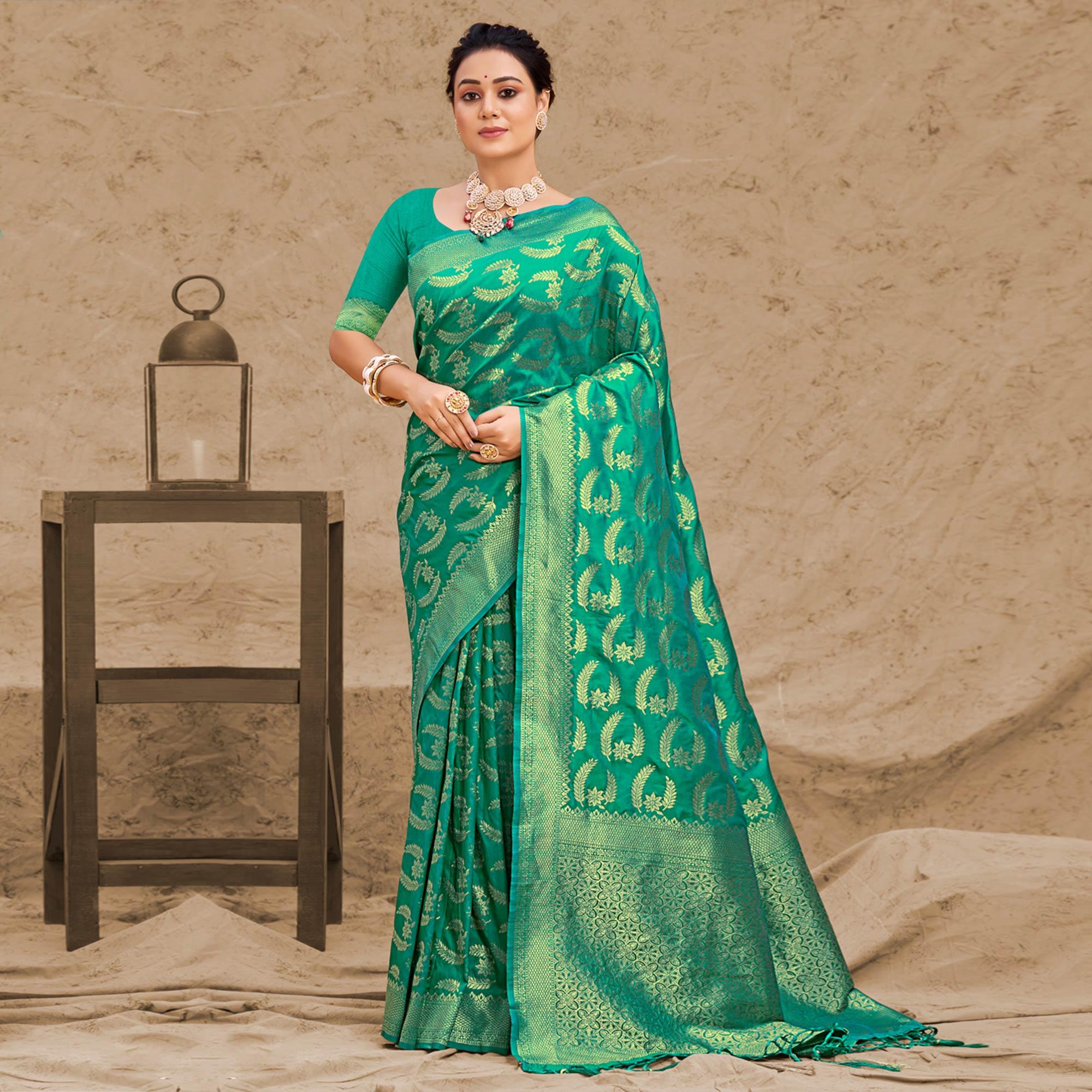 Turquoise Woven Art Silk Saree With Tassels - Peachmode