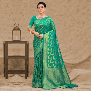 Turquoise Woven Art Silk Saree With Tassels - Peachmode