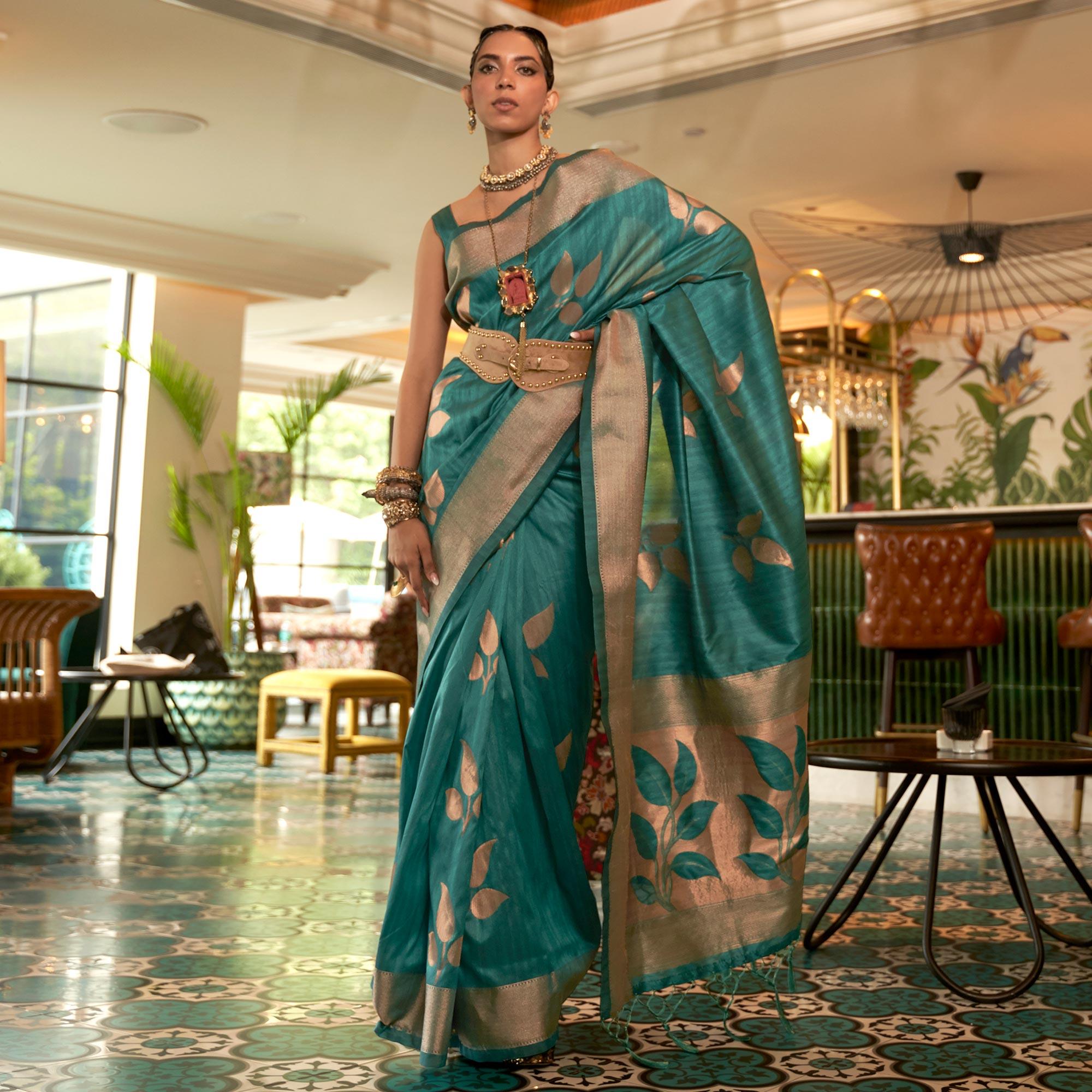 Turquoise Woven Art Silk Saree With Tassels - Peachmode