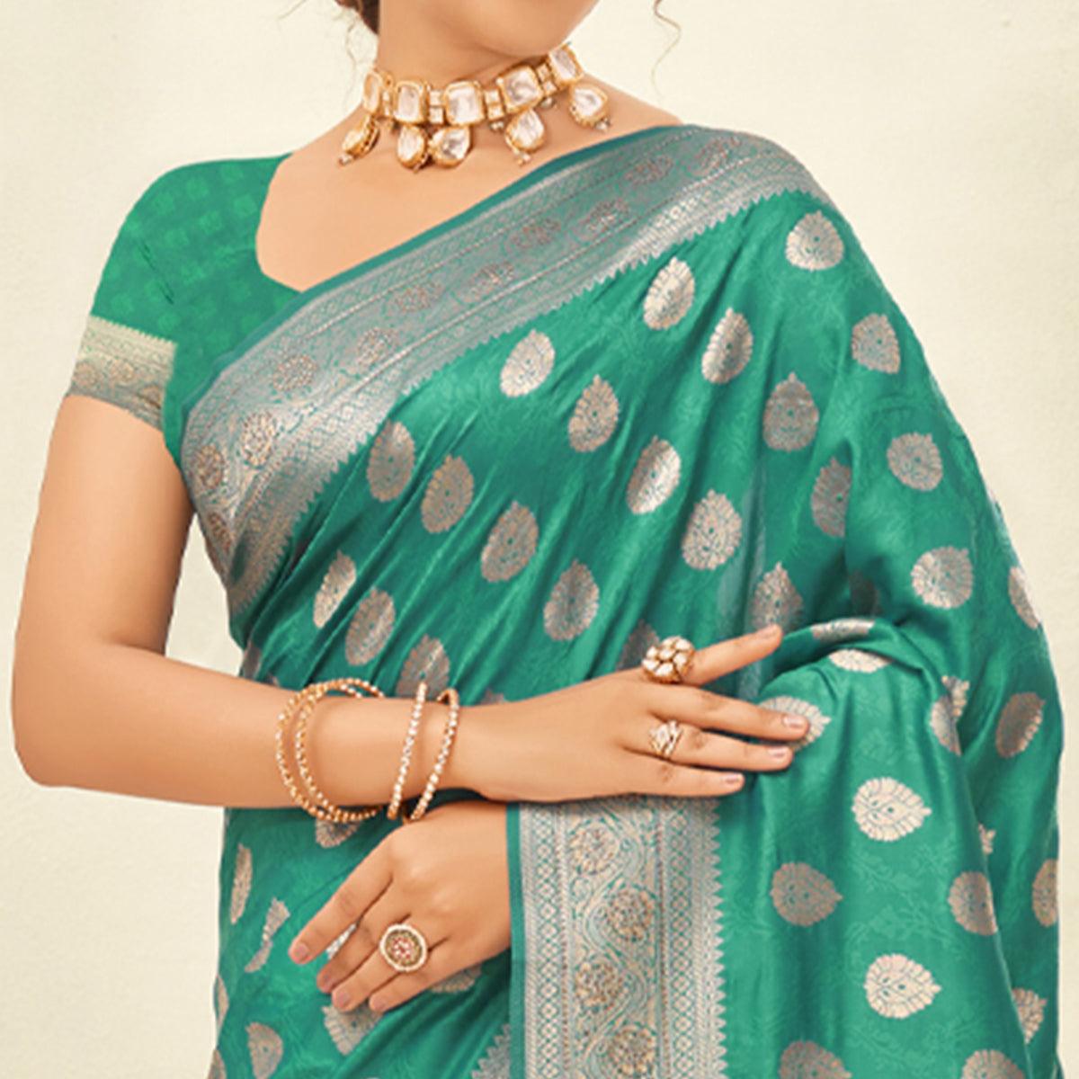 Turquoise Woven Art Silk Saree With Tassels - Peachmode