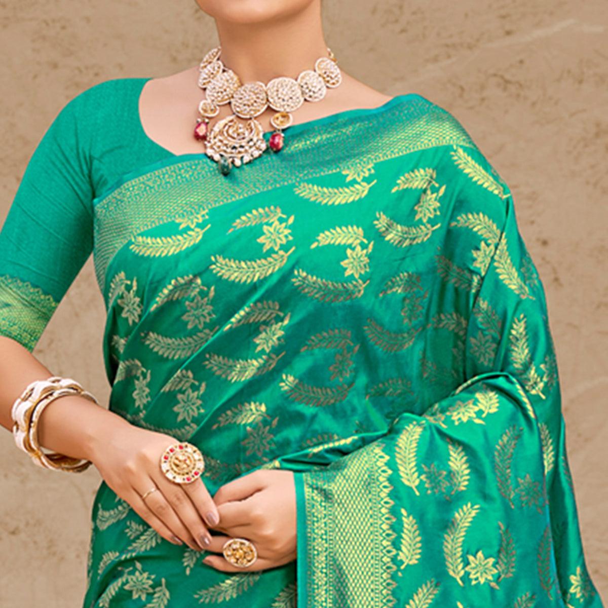 Turquoise Woven Art Silk Saree With Tassels - Peachmode