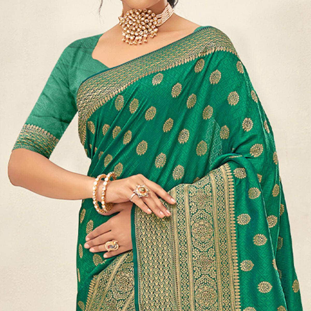 Turquoise Woven Art Silk Saree With Tassels - Peachmode