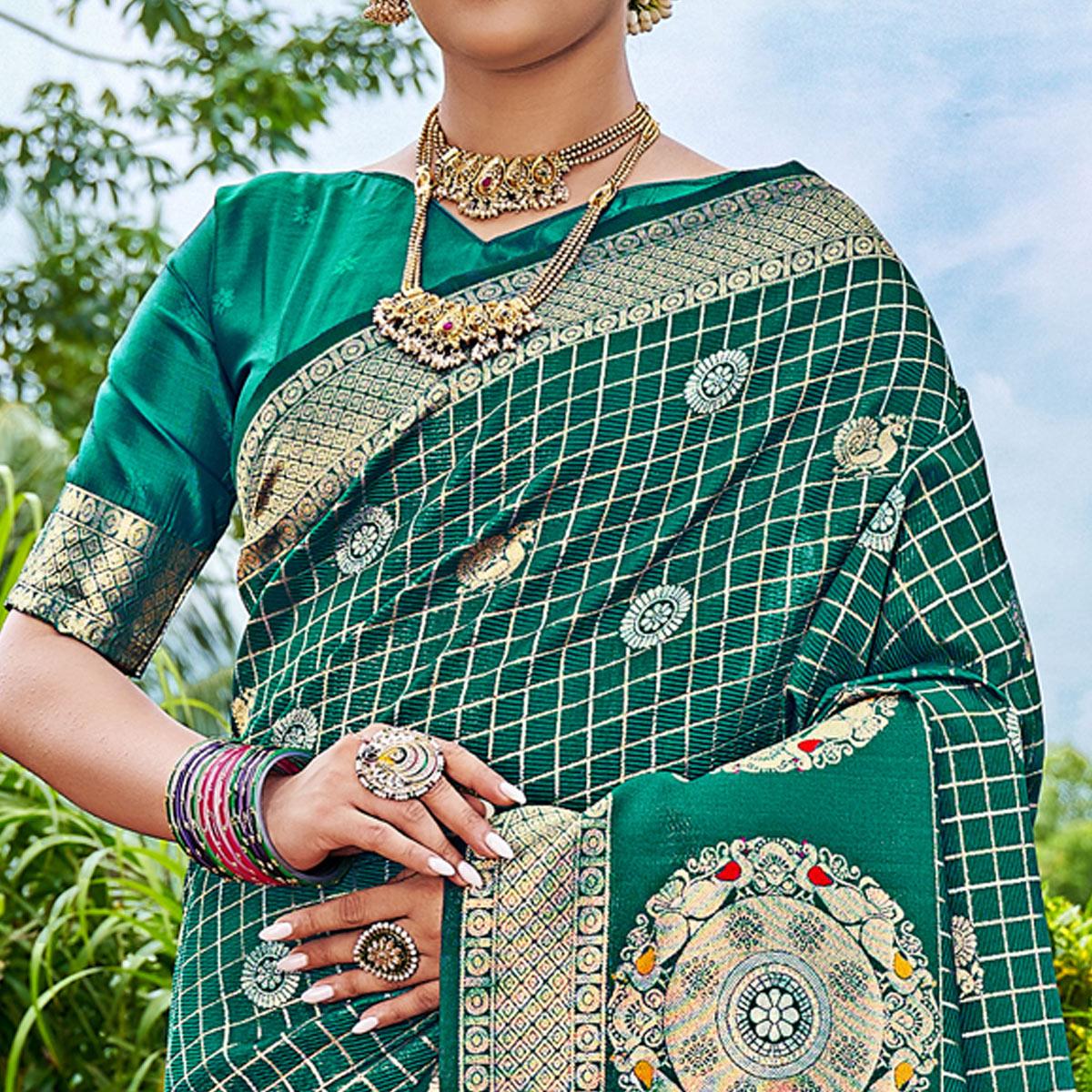 Turquoise Woven Art Silk Saree With Tassels - Peachmode