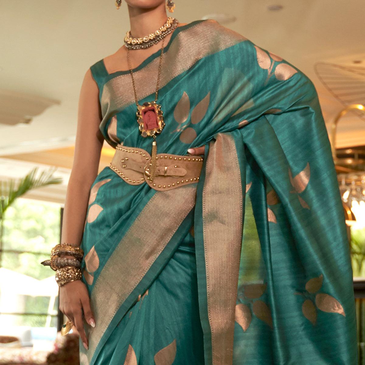 Turquoise Woven Art Silk Saree With Tassels - Peachmode