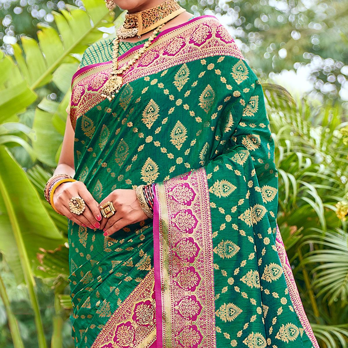 Turquoise Woven Art Silk Saree With Tassels - Peachmode