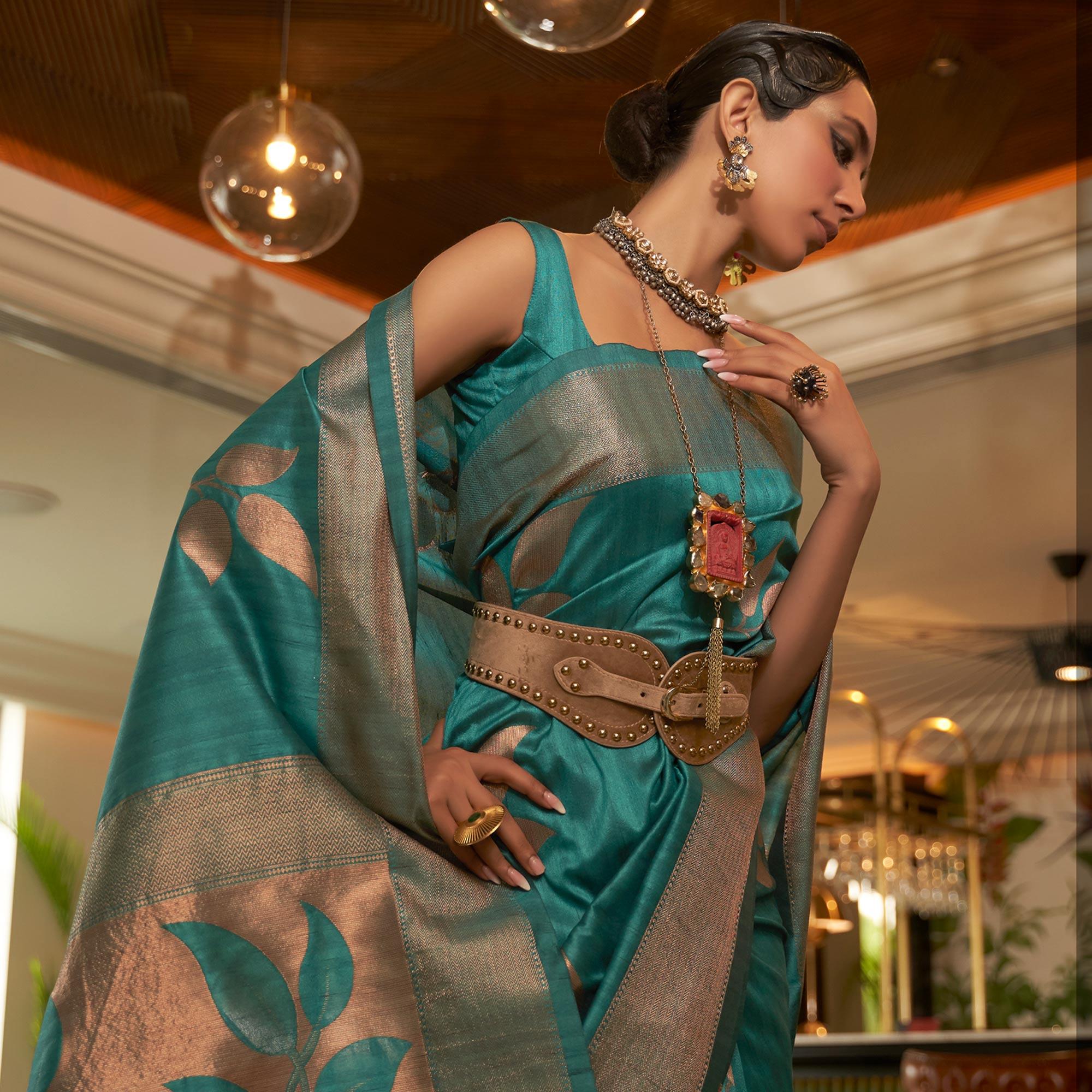 Turquoise Woven Art Silk Saree With Tassels - Peachmode