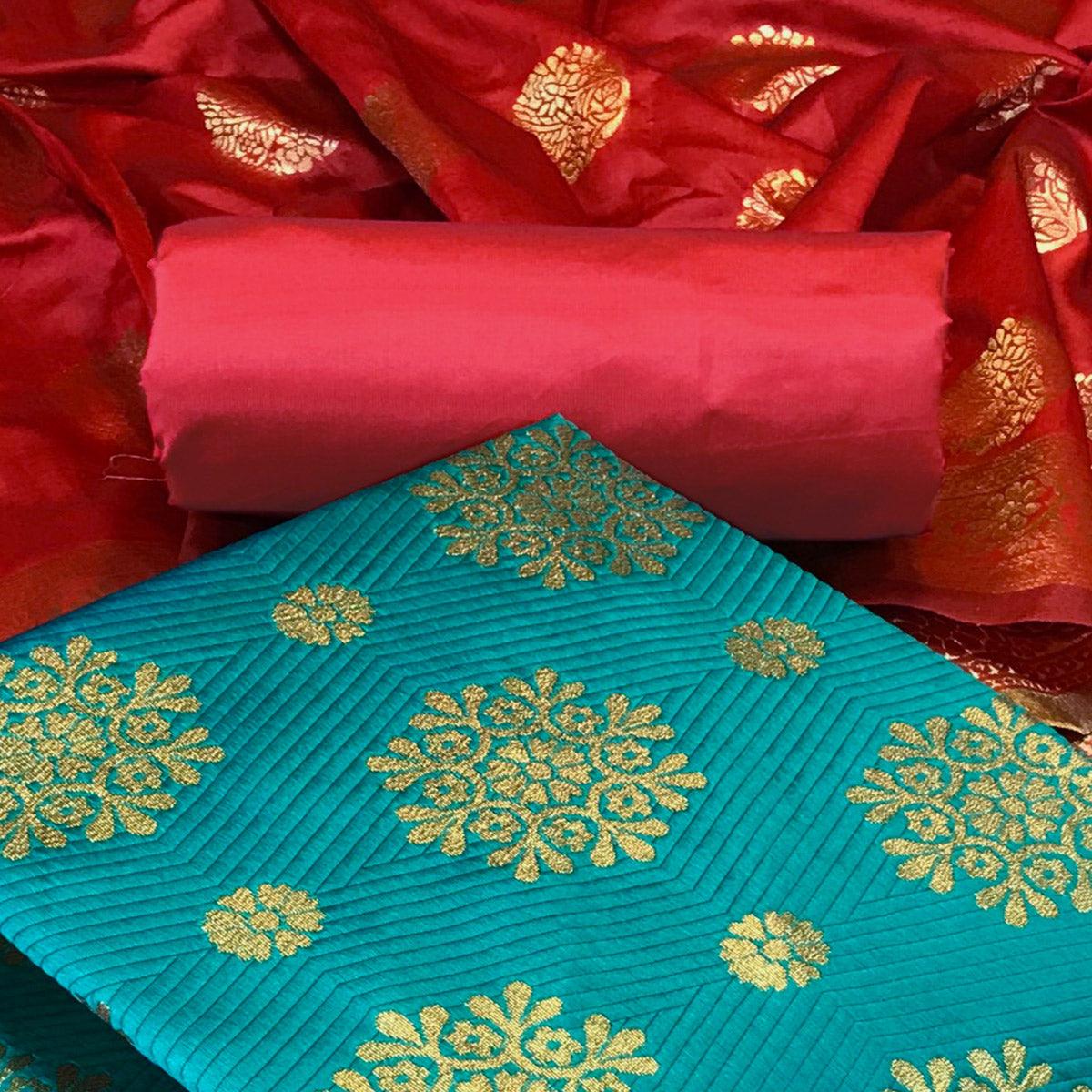 Turquoise Woven Banarasi Silk Dress Material - Peachmode