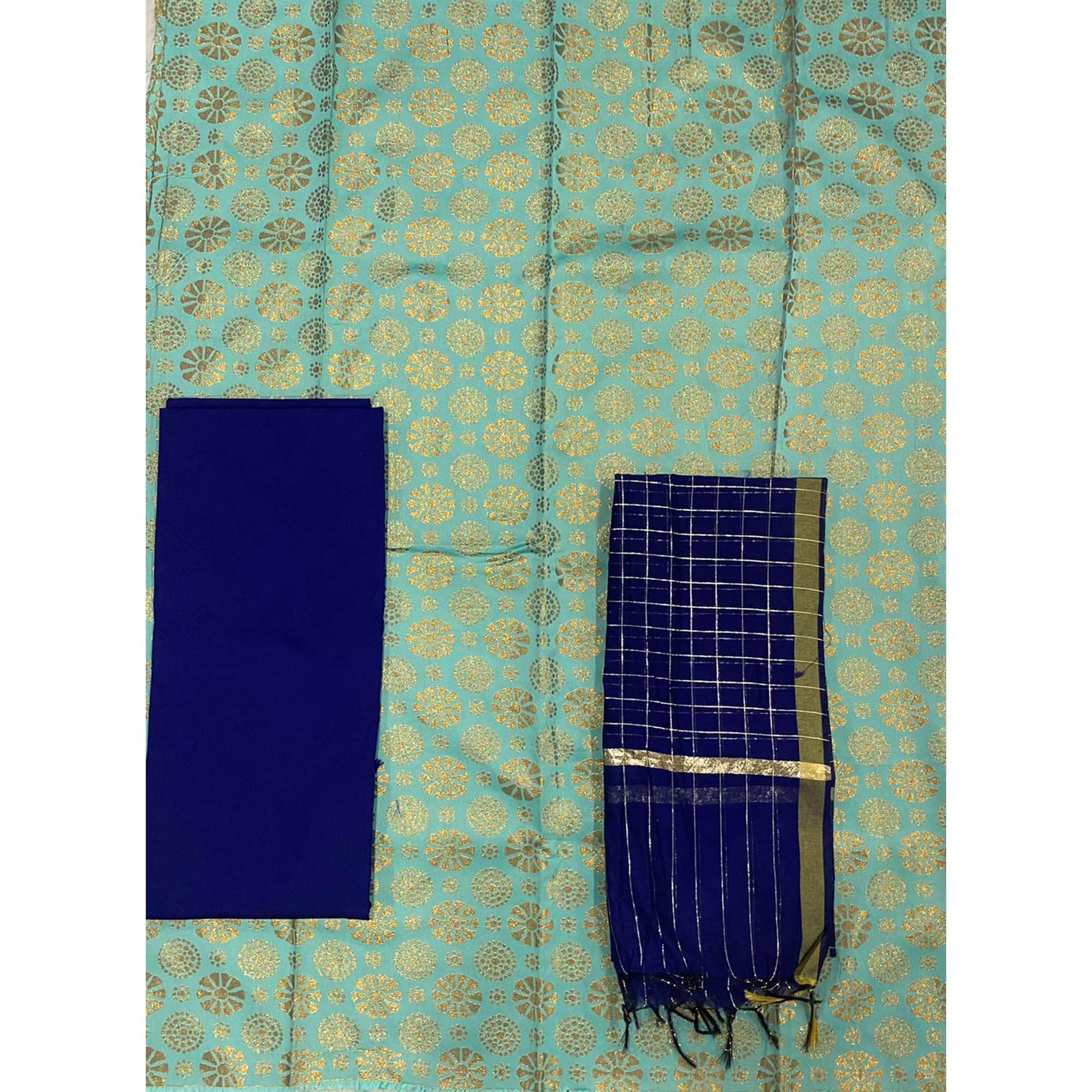 Turquoise Woven Banarasi Silk Dress Material - Peachmode