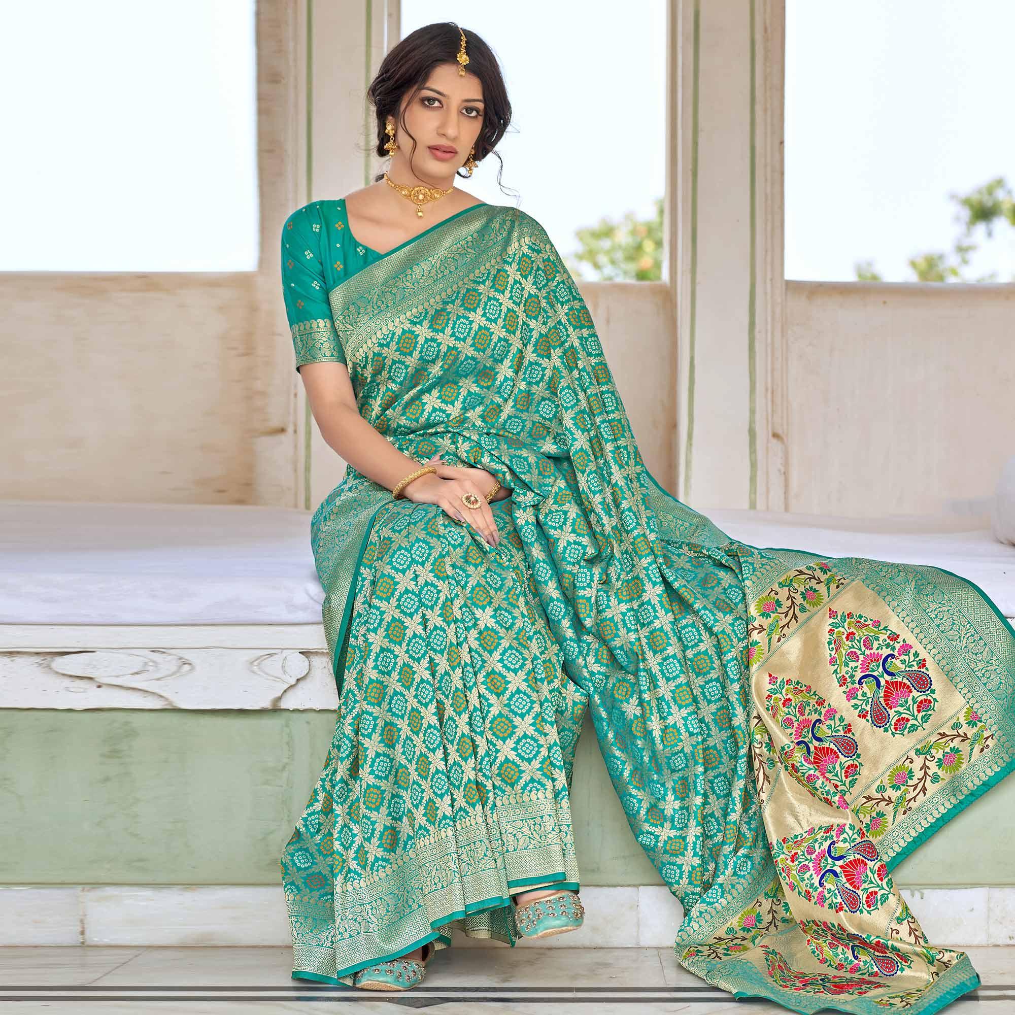 Turquoise Woven Banarasi Silk Saree - Peachmode