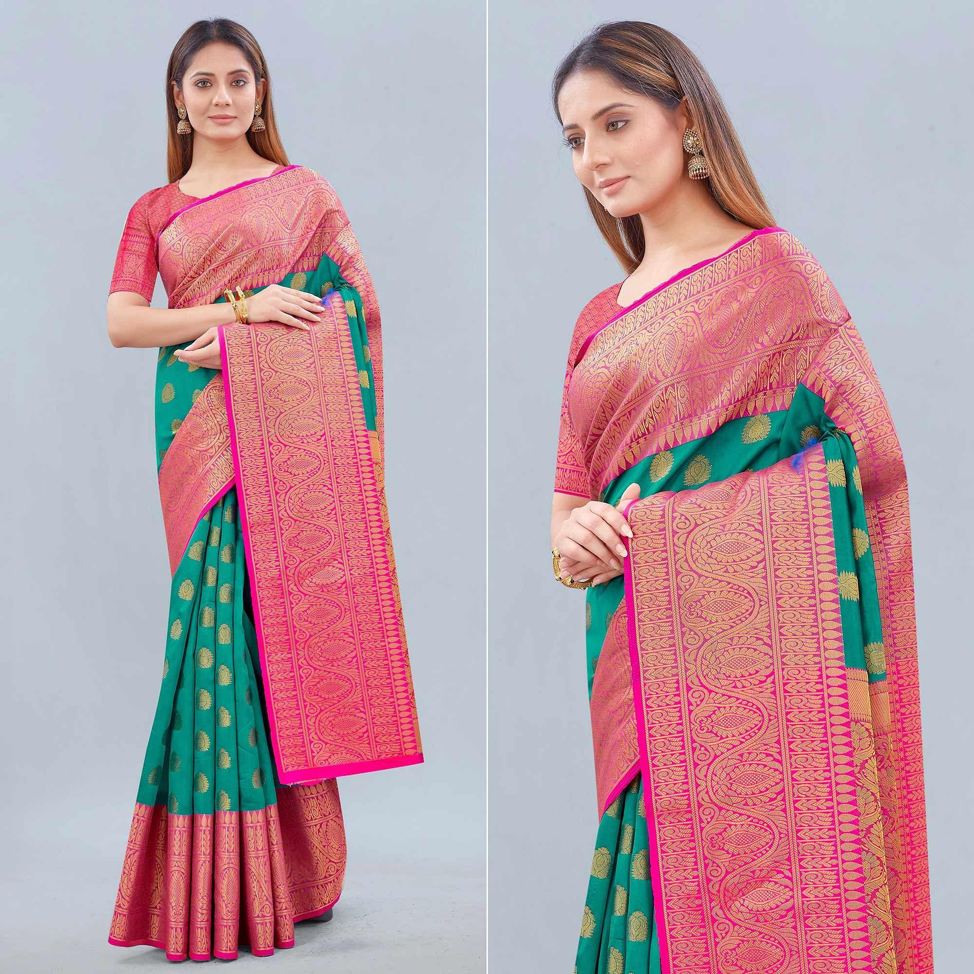 Turquoise Woven Banarasi Silk Saree - Peachmode