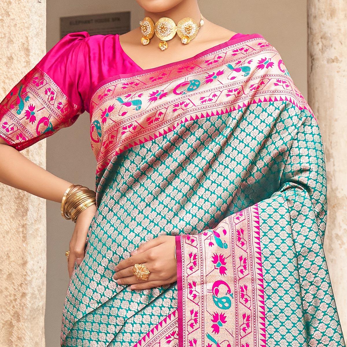 Turquoise Woven Banarasi Silk Saree - Peachmode