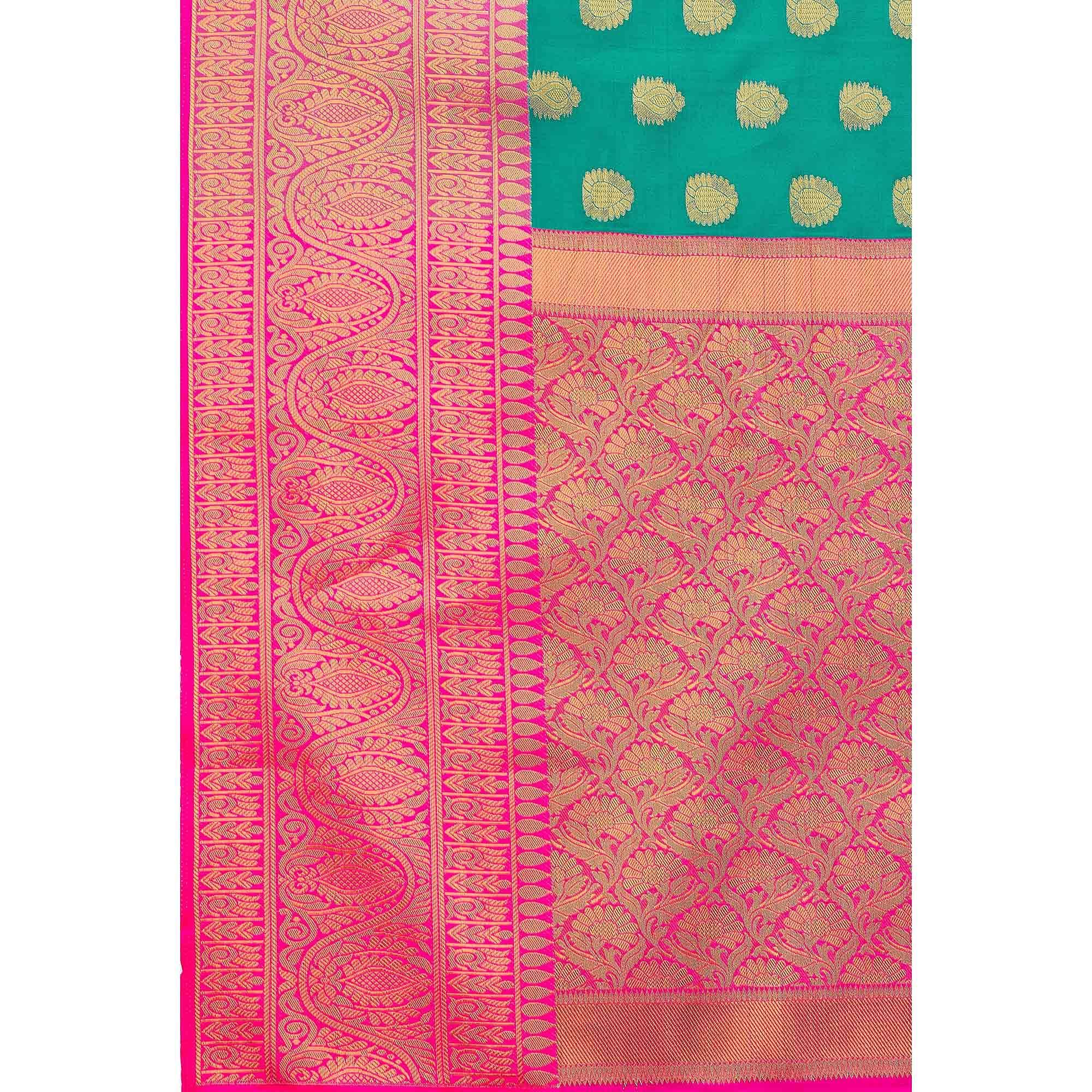 Turquoise Woven Banarasi Silk Saree - Peachmode