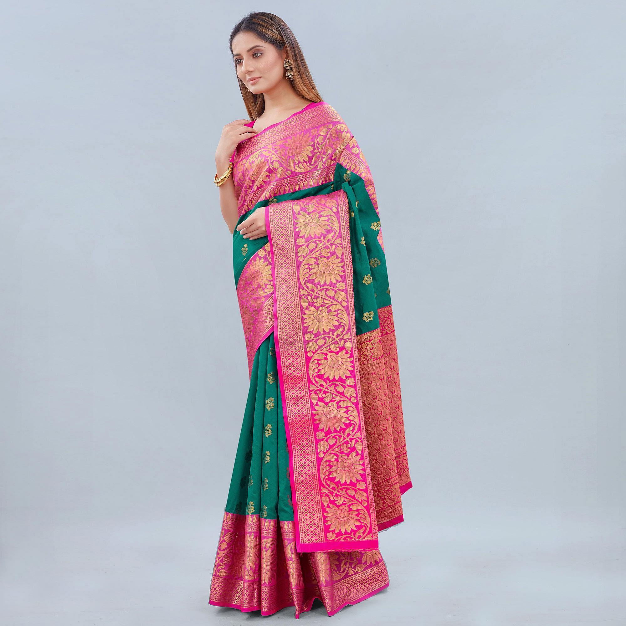 Turquoise Woven Banarasi Silk Saree - Peachmode