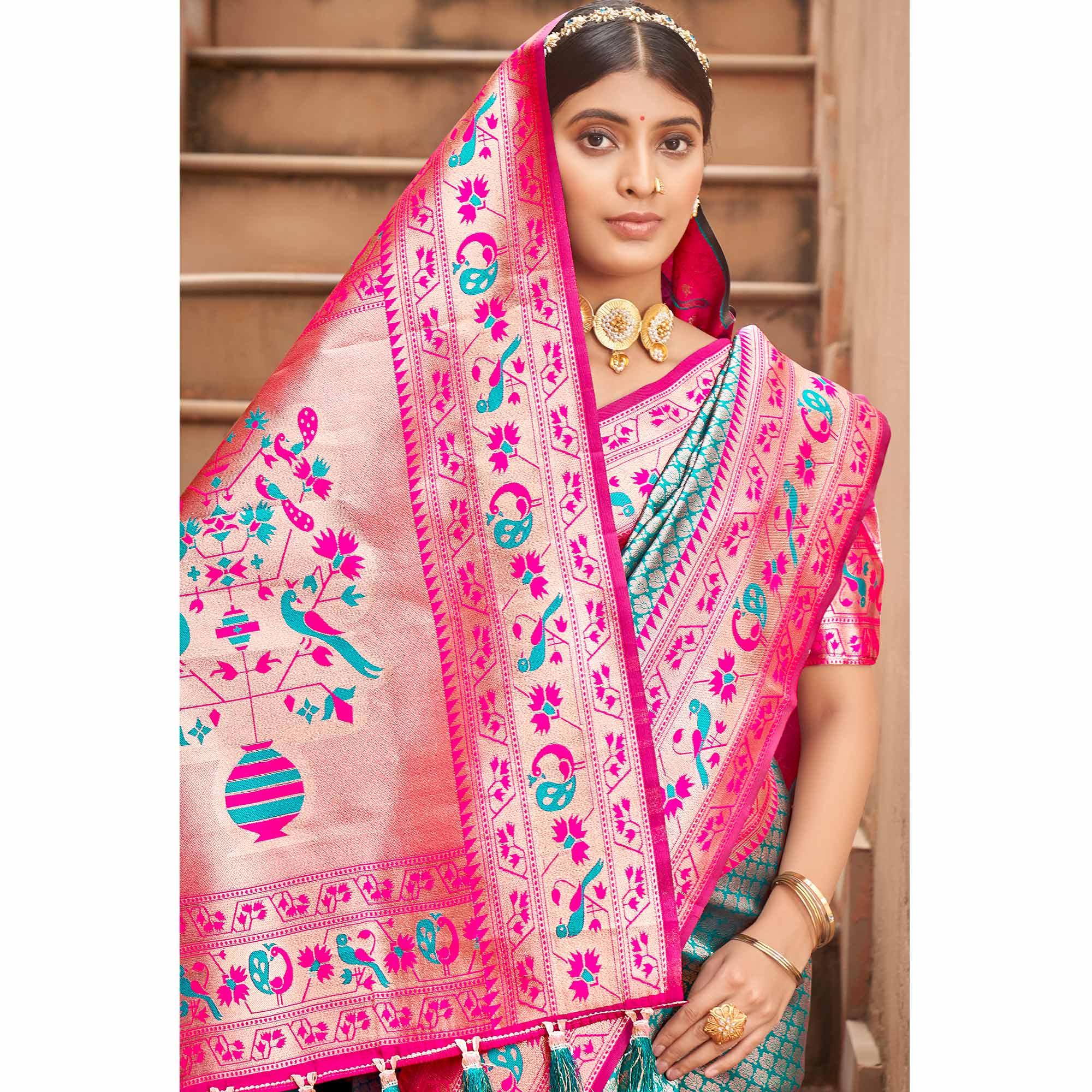 Turquoise Woven Banarasi Silk Saree - Peachmode