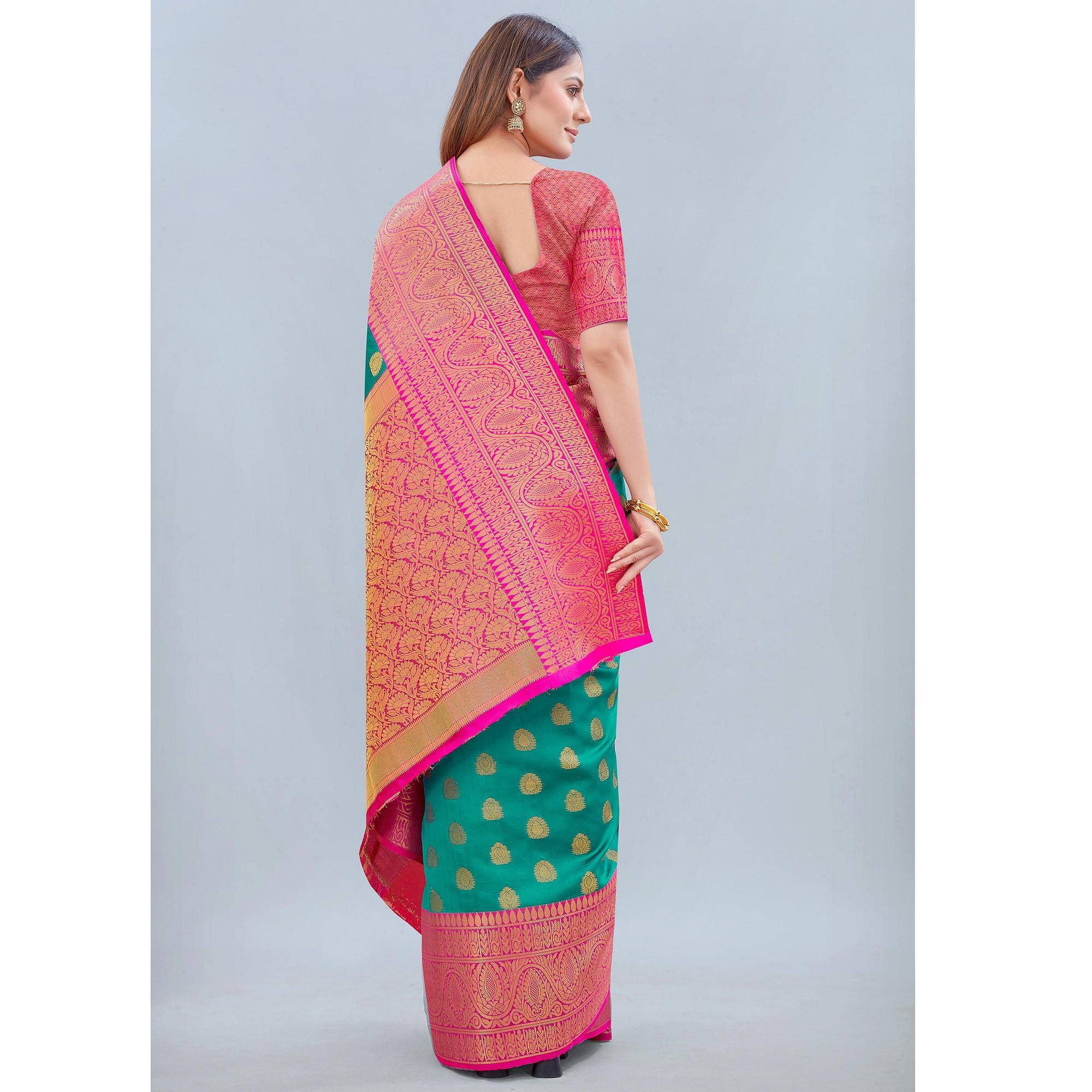 Turquoise Woven Banarasi Silk Saree - Peachmode