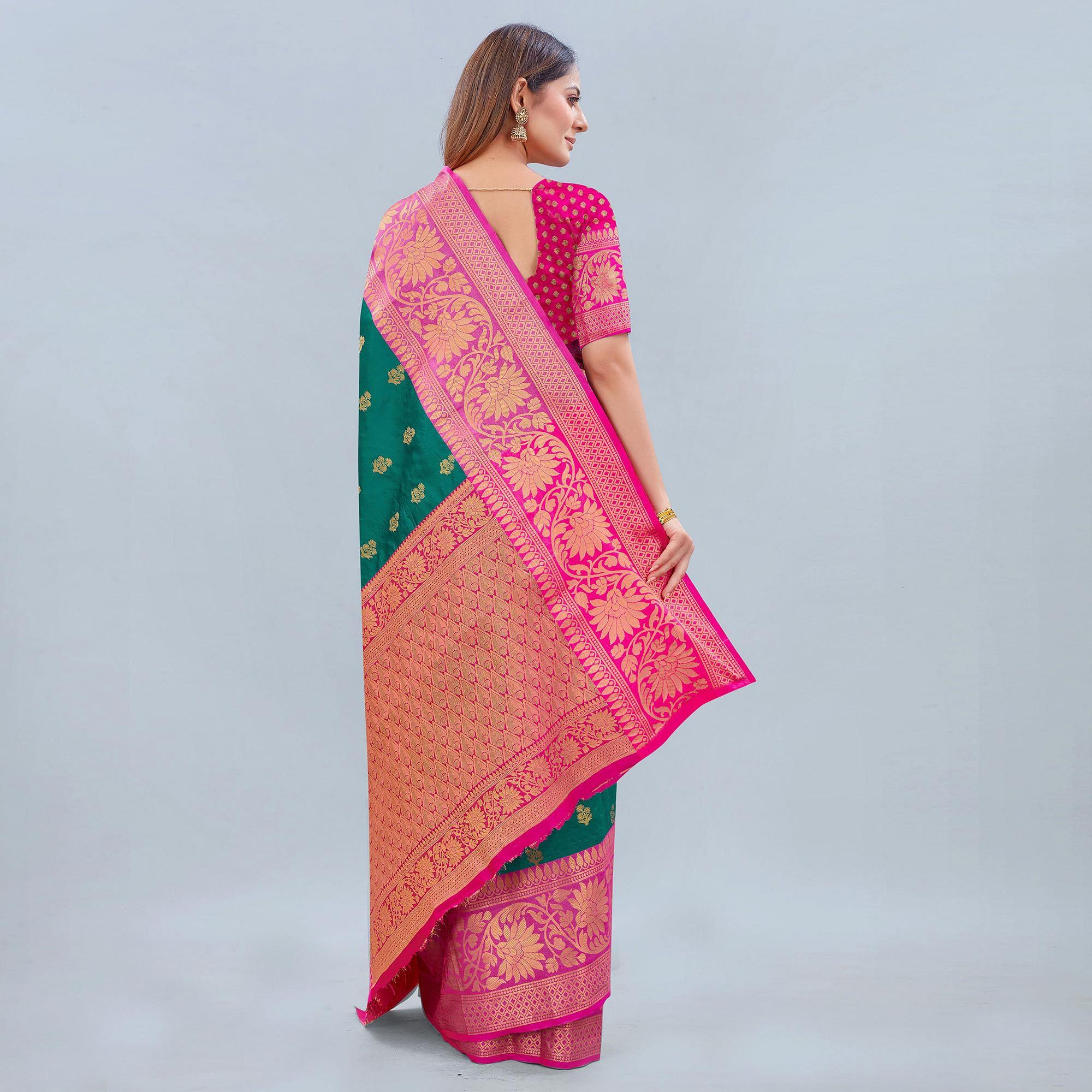 Turquoise Woven Banarasi Silk Saree - Peachmode