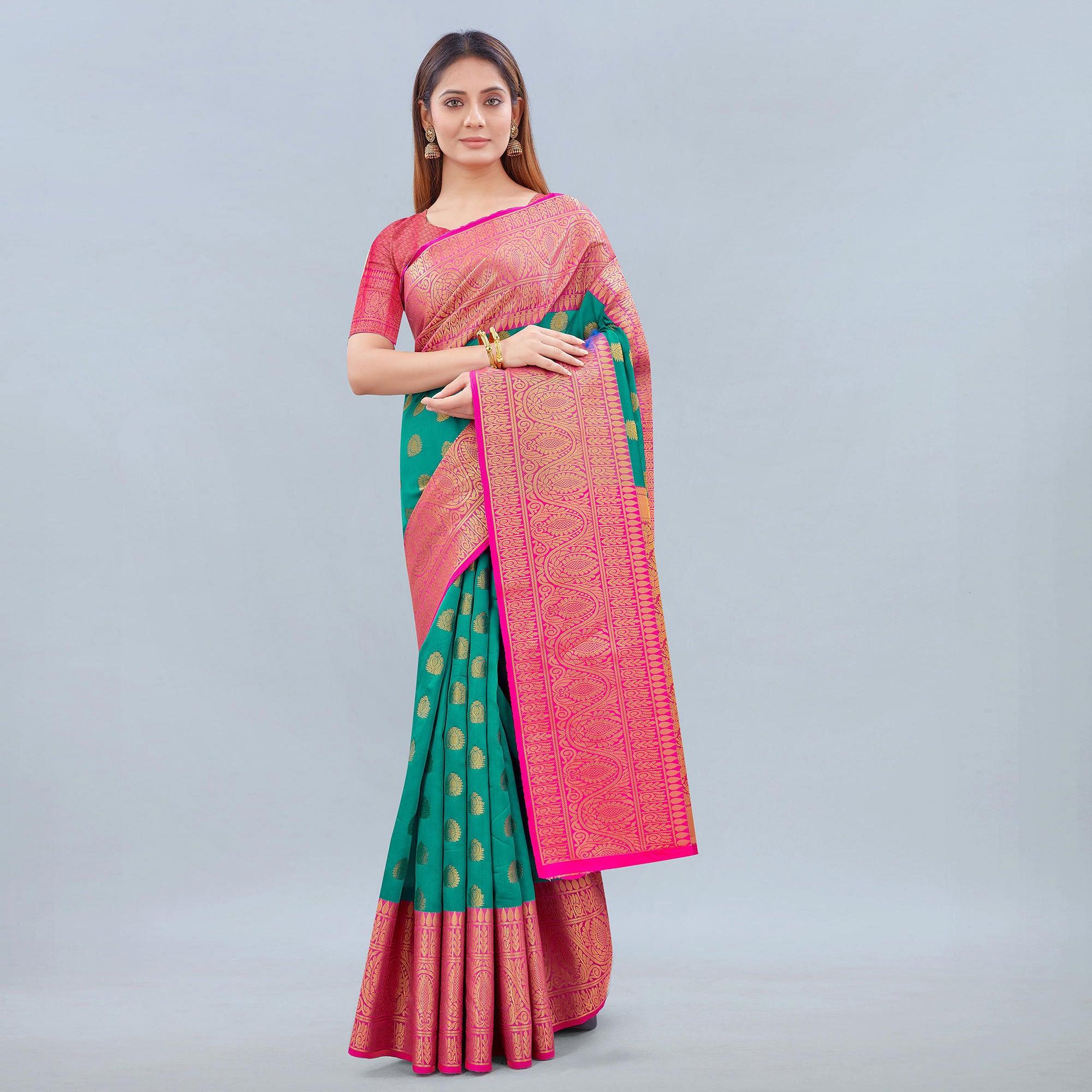 Turquoise Woven Banarasi Silk Saree - Peachmode