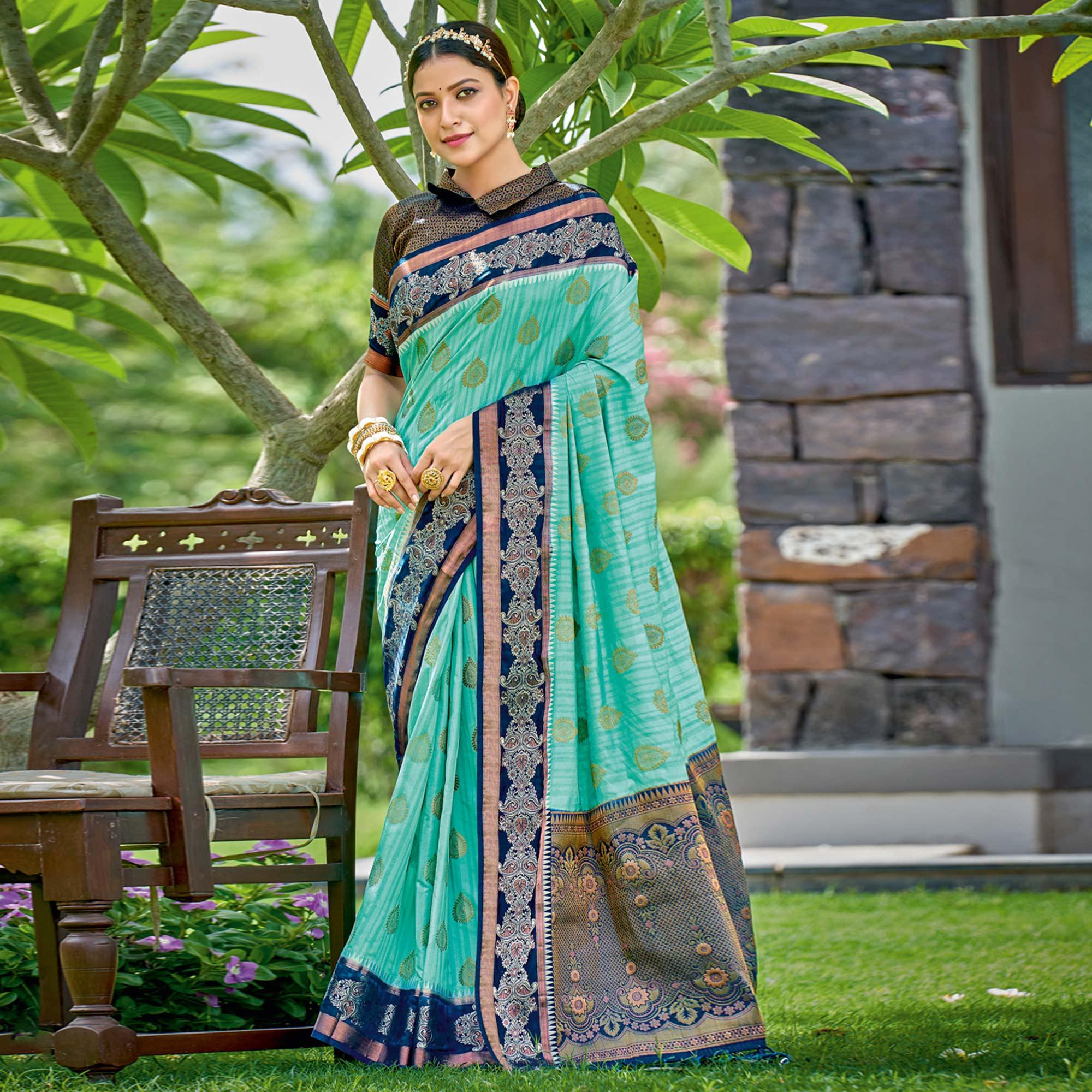 Turquoise Woven Banarasi Silk Saree With Tassels - Peachmode