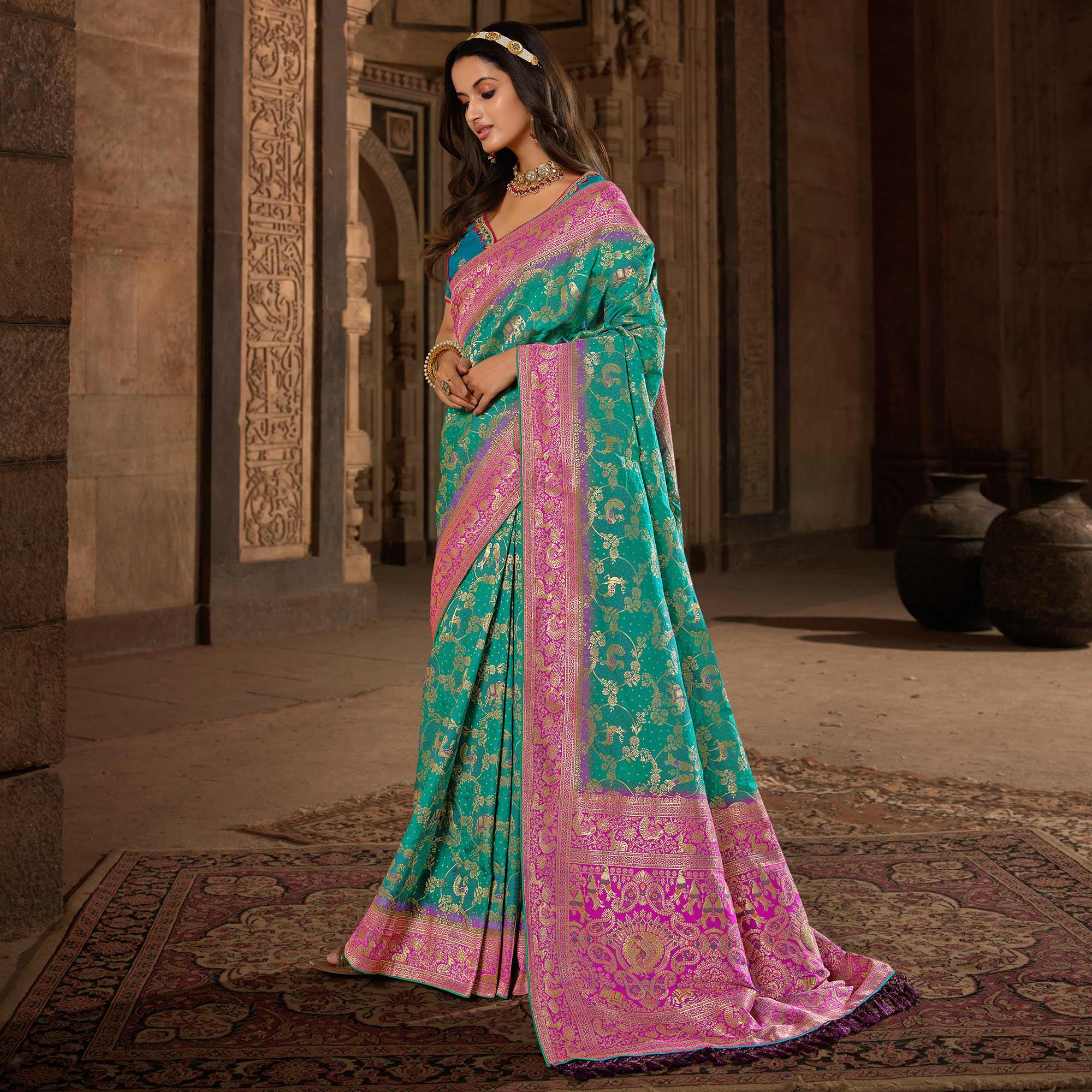 Turquoise Woven Banarasi Silk Saree With Tassels - Peachmode