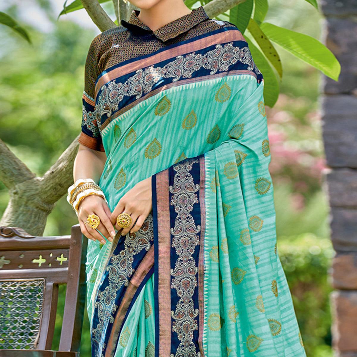 Turquoise Woven Banarasi Silk Saree With Tassels - Peachmode