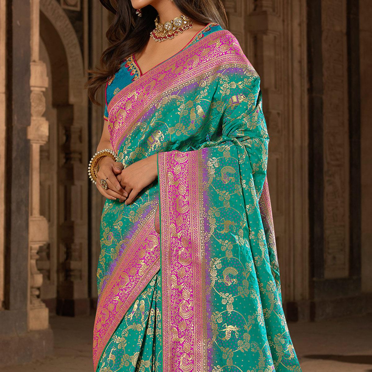 Turquoise Woven Banarasi Silk Saree With Tassels - Peachmode